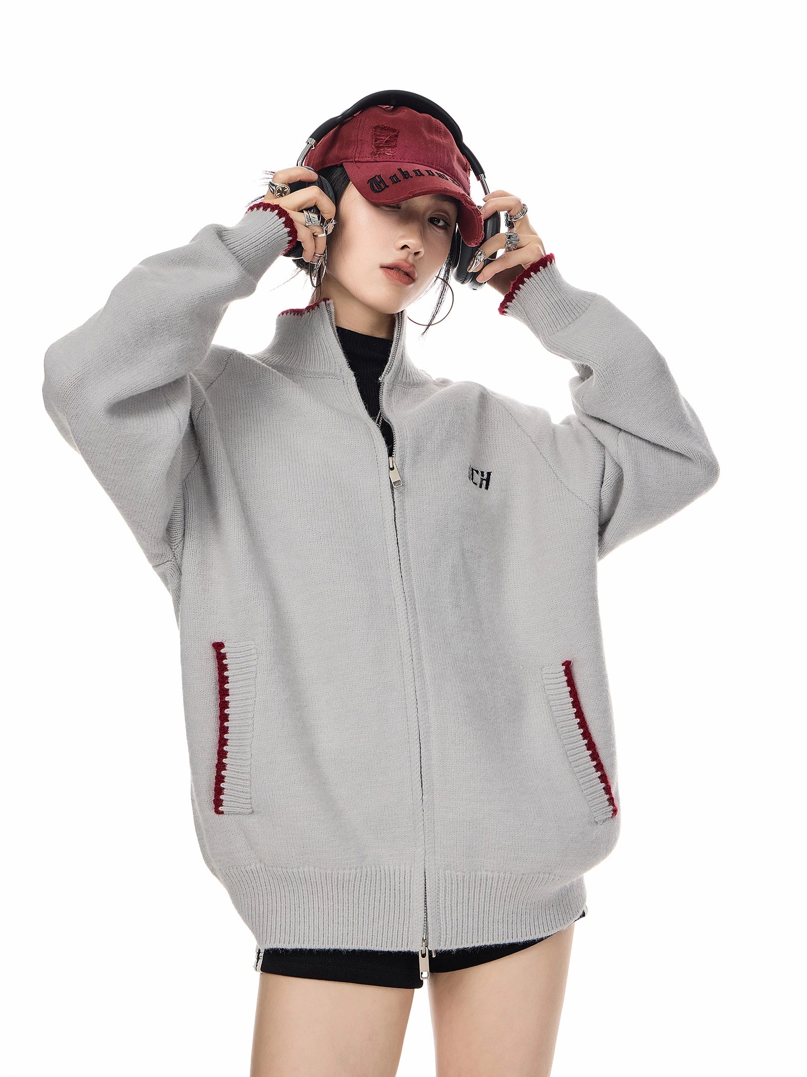 ICH MODE 美式复古撞色立领毛针织开衫女秋冬季宽松慵懒毛衣外套