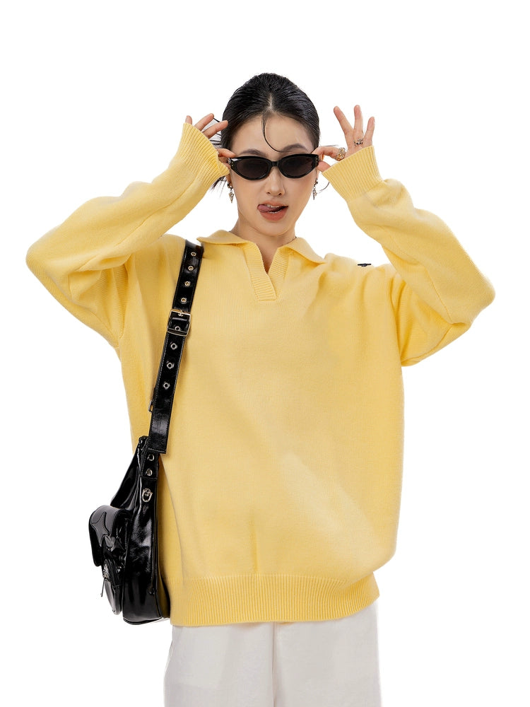 ICH MODE 美式V领套头毛衣外套女秋冬季新款休闲慵懒毛针织衫上衣