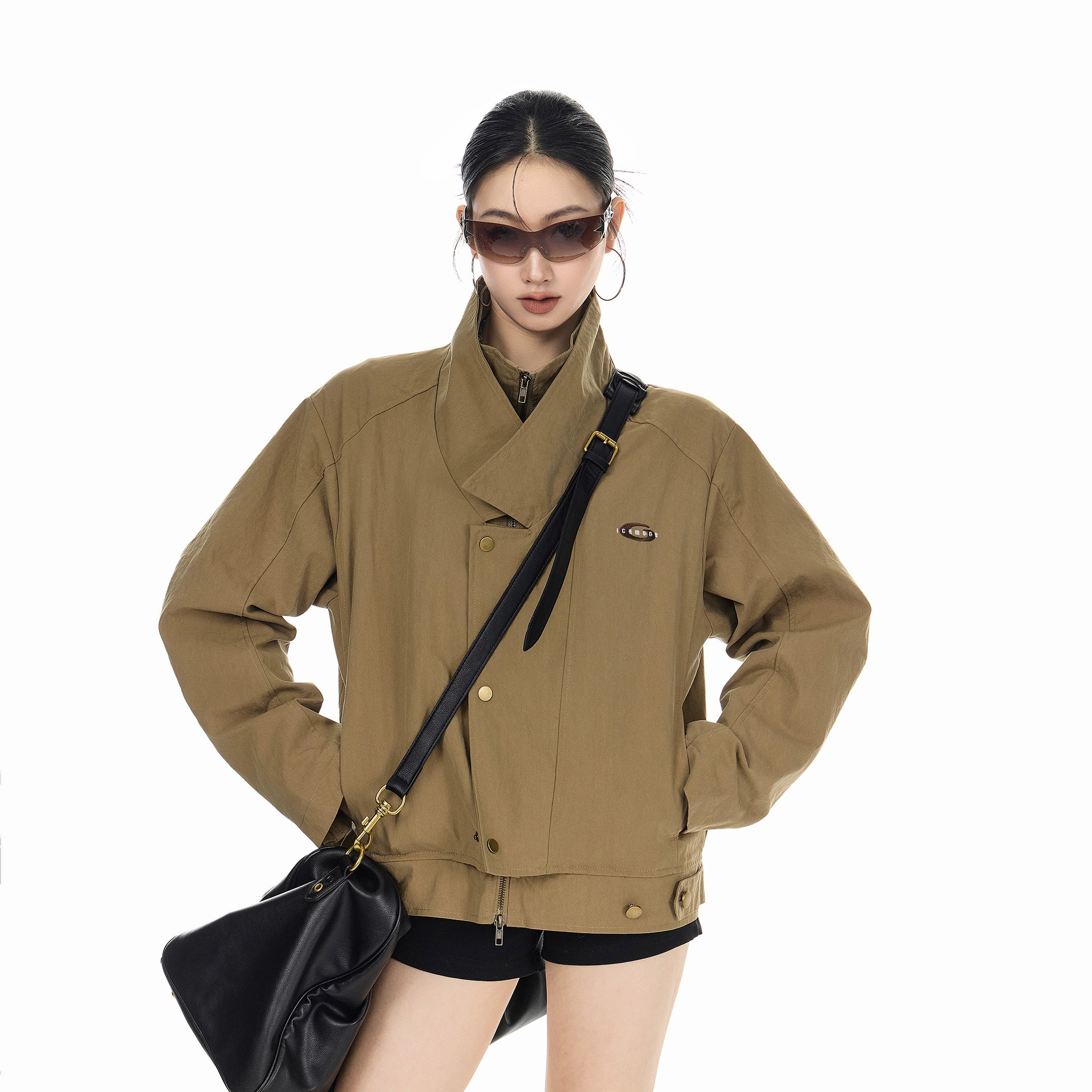 ICH MODE 美式复古假两件短款风衣外套女秋冬巴恩风开衫翻领夹克