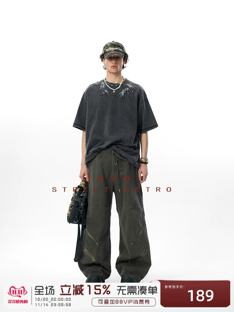 【燕尾】JHYQ美式水洗做旧印花镶钻短袖T恤男宽松重磅圆领上衣夏