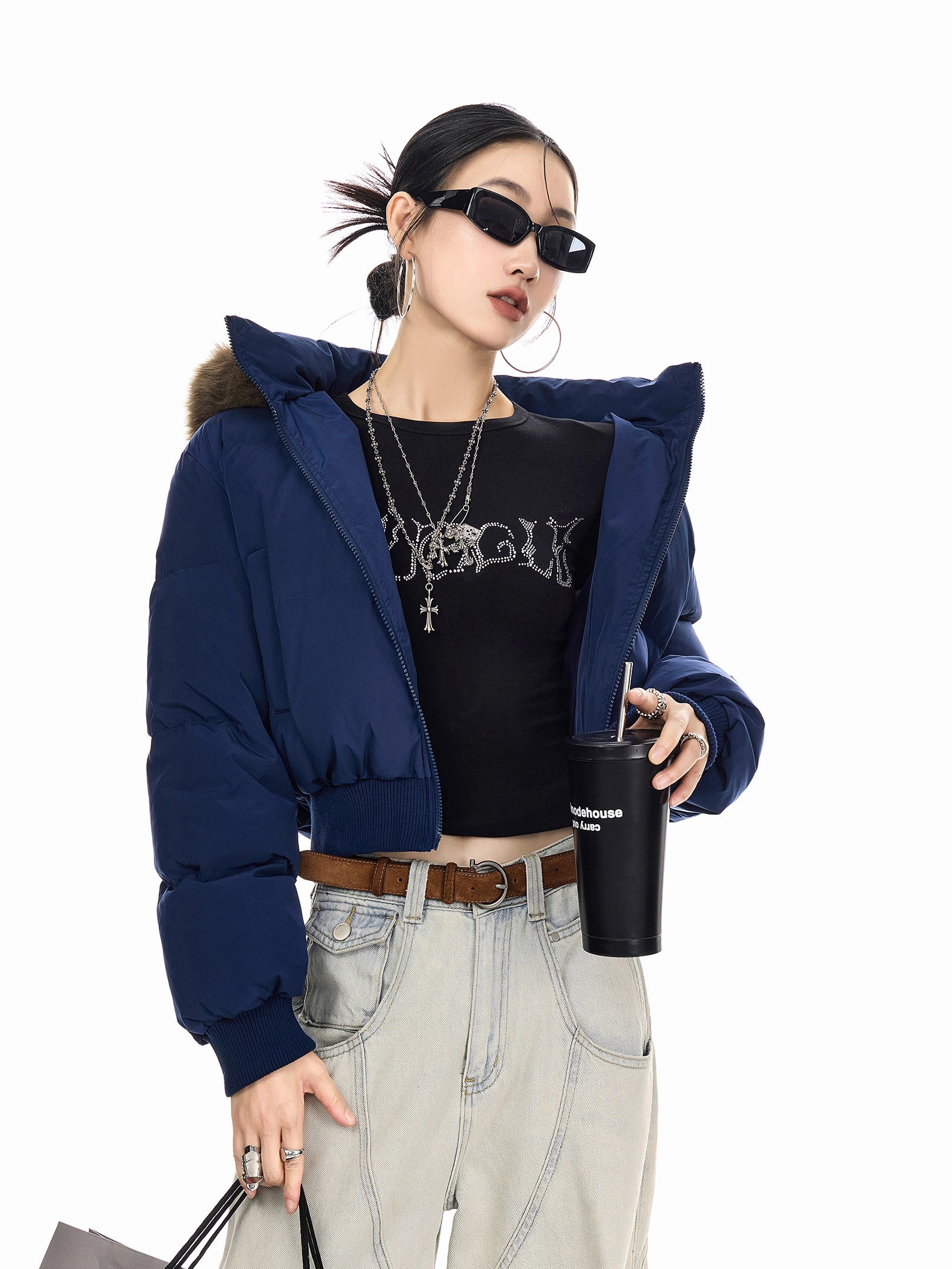 ICH MODE 美式复古大毛领连帽棉服女2025新款秋冬季修身开衫棉袄