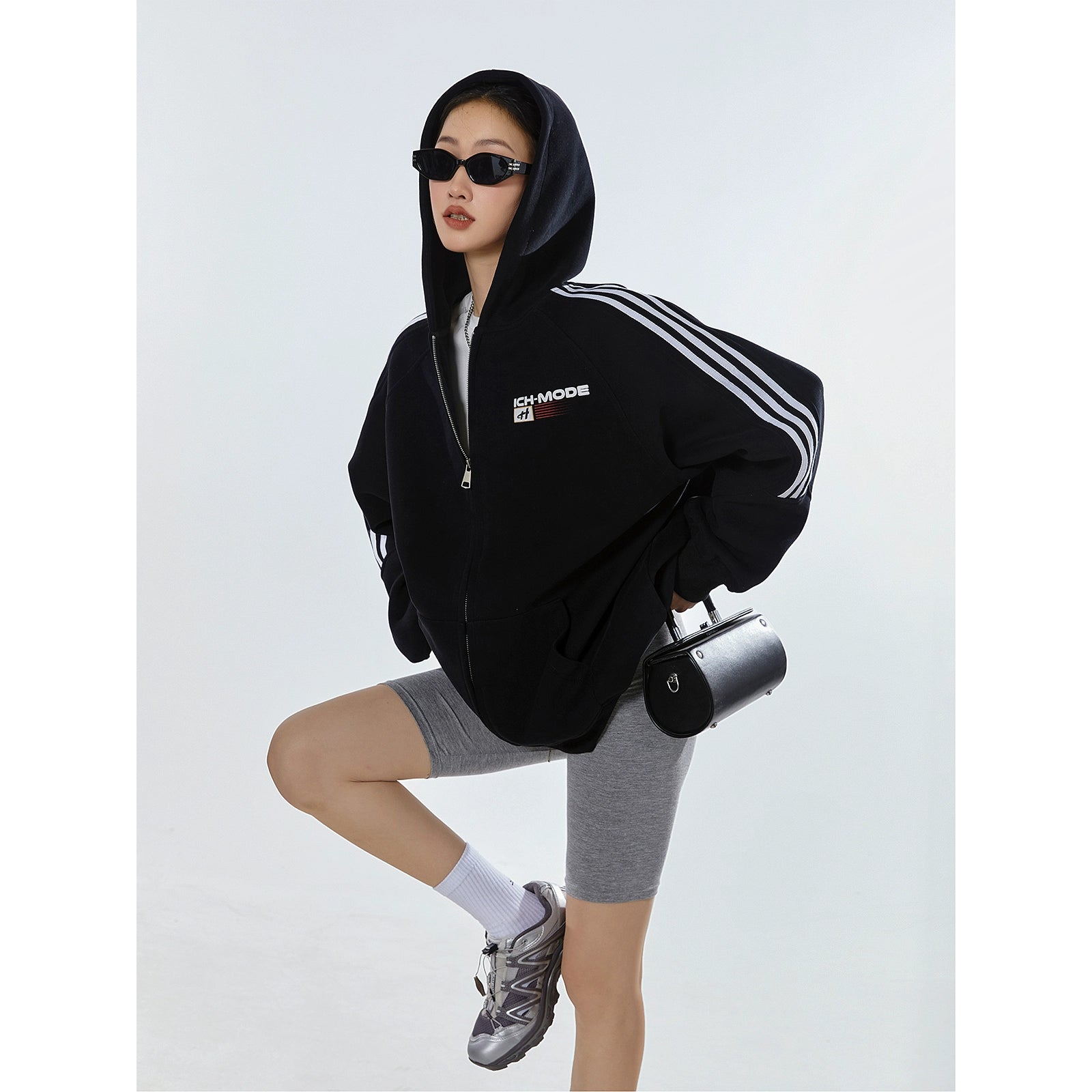 ICH MODE 400G质感条纹运动休闲美式卫衣开衫简约街头潮牌外套女