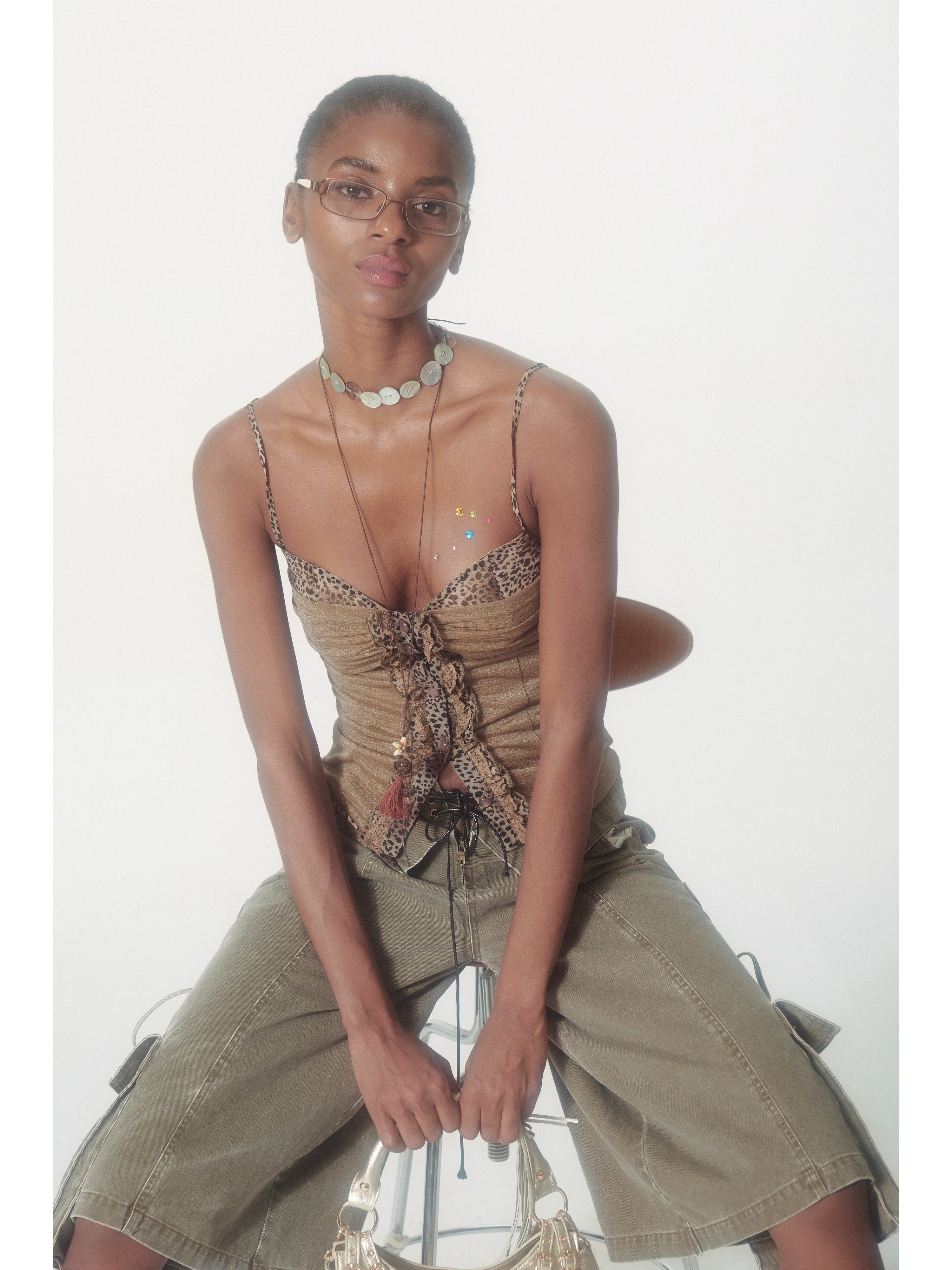 2th Desire亮闪修身曲线豹纹肌理荷叶边蕾丝花边拼接针织吊带背心