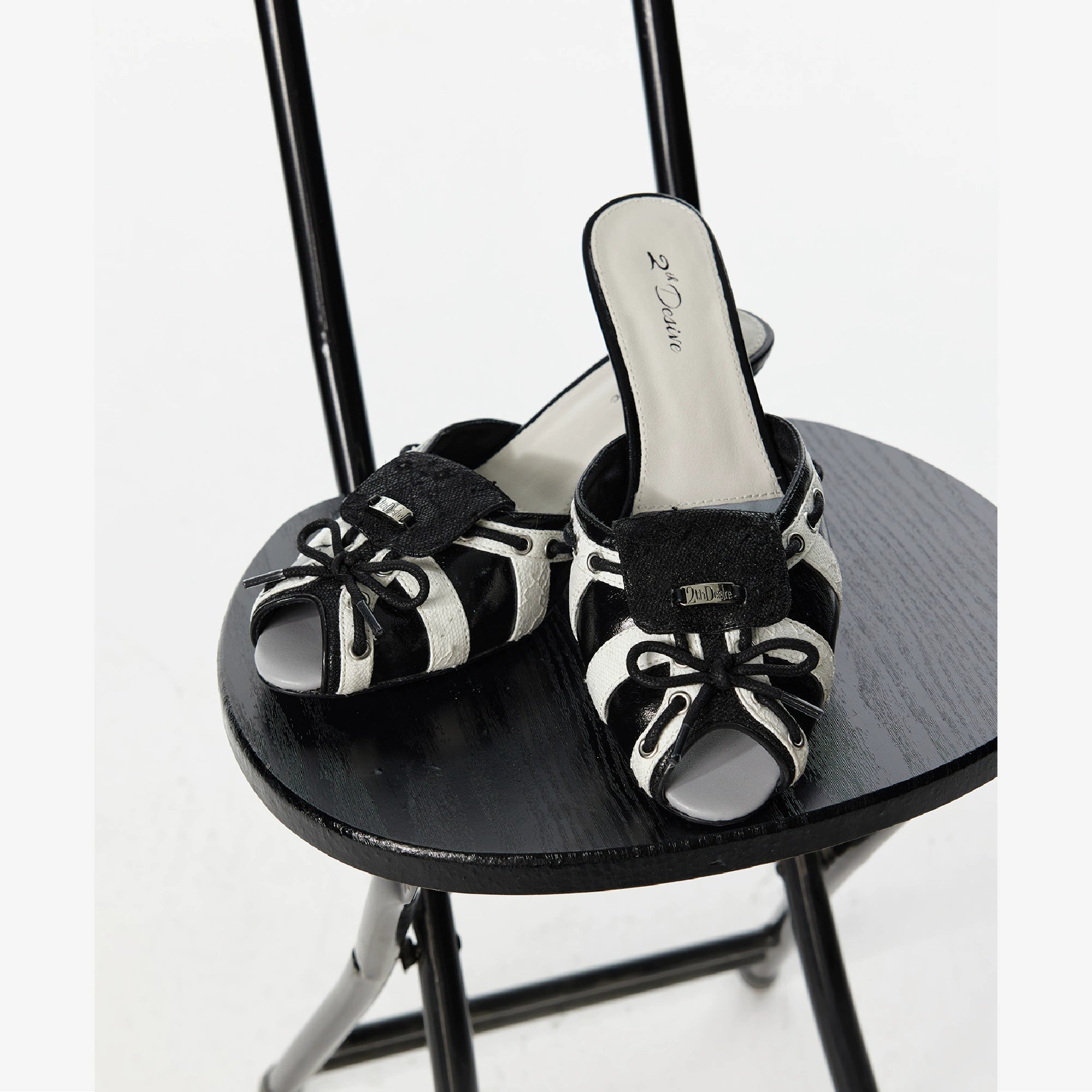 2th Desire原创鞋带绑带撞色蕾丝拼接小猫跟鱼嘴凉鞋低跟露趾拖鞋