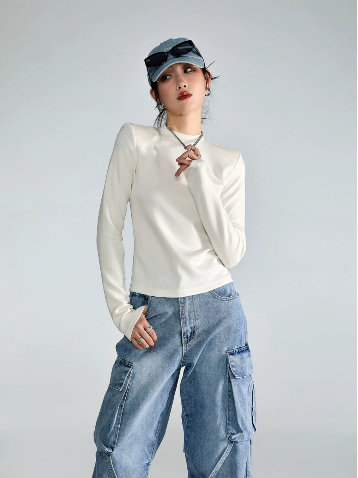 ICH MODE 美式复古修身长袖T恤女秋冬百搭宽松短款上衣纯色打底衫