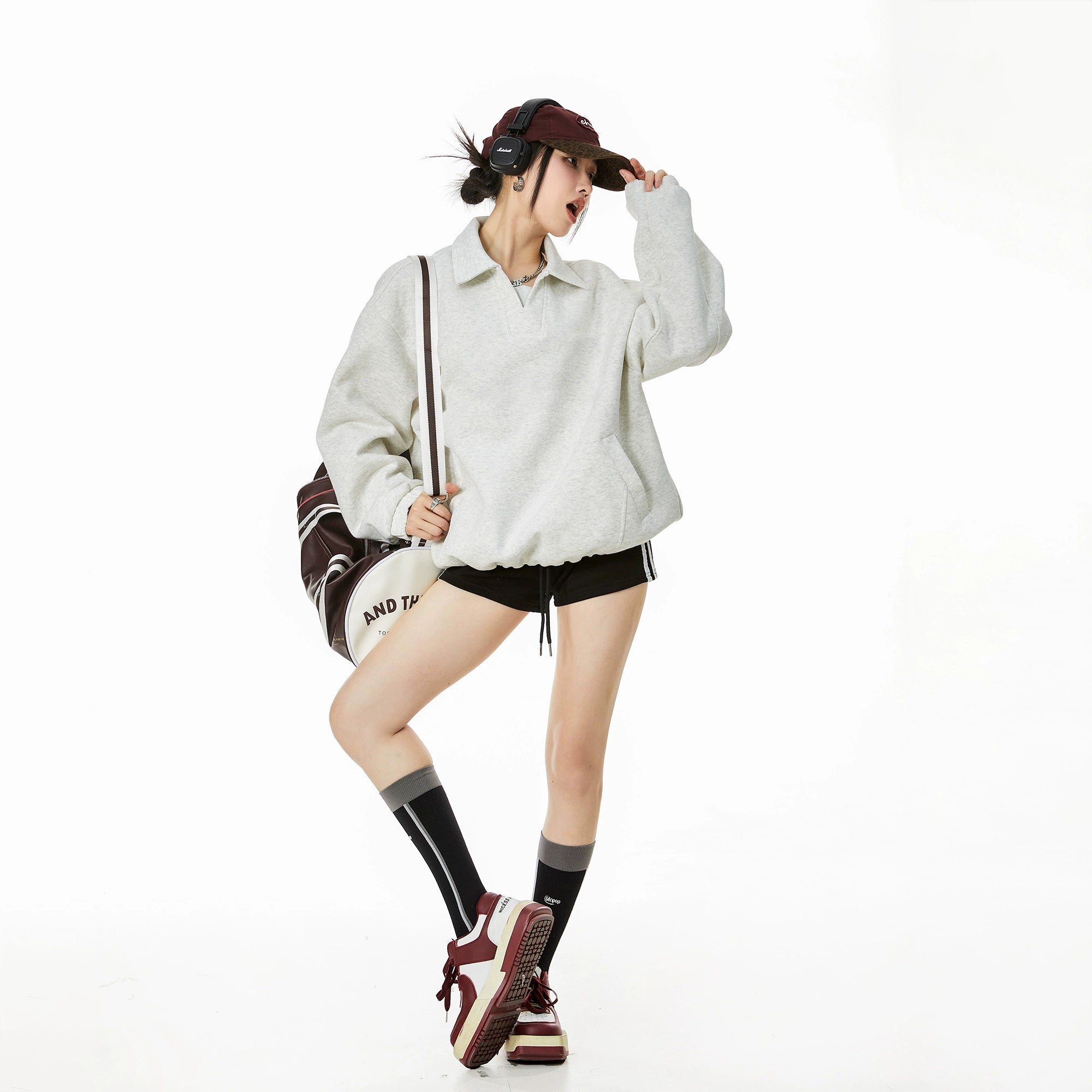 ICH MODE 美式POLO领纯色卫衣2025年秋冬新款慵懒风宽松上衣女款