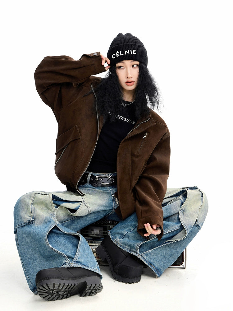 ICH MODE 美式复古工装立领短外套女秋冬新款飞行员夹克宽松上衣