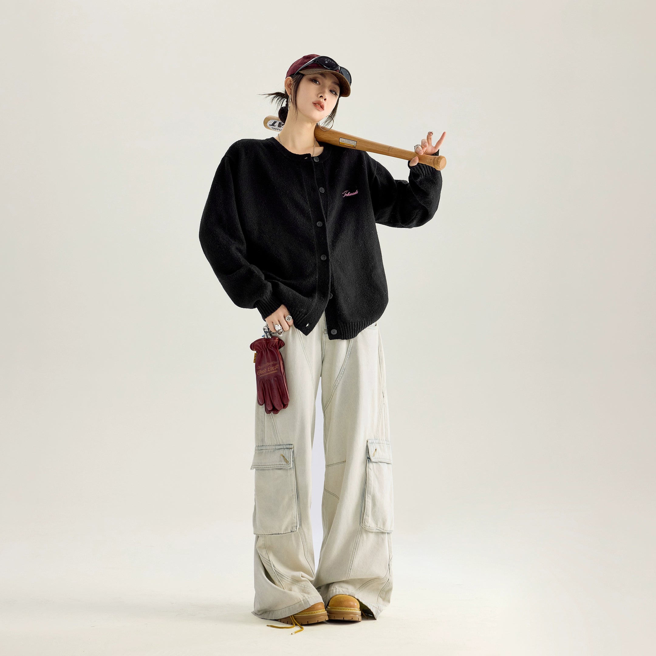 ICH MODE 美式复古珍珠刺绣毛针织开衫女秋冬季百搭休闲毛衣外套