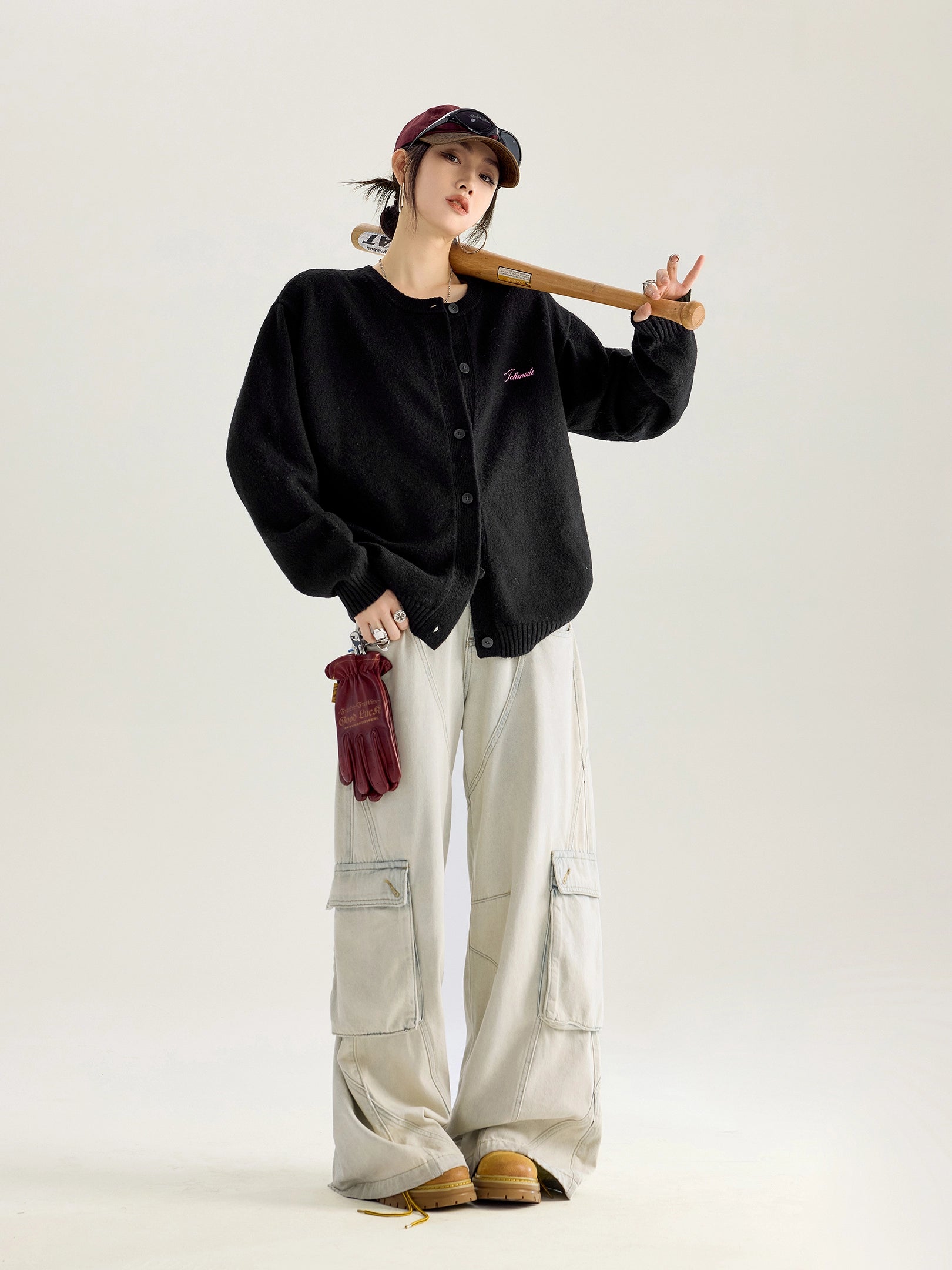 ICH MODE 美式复古珍珠刺绣毛针织开衫女秋冬季百搭休闲毛衣外套