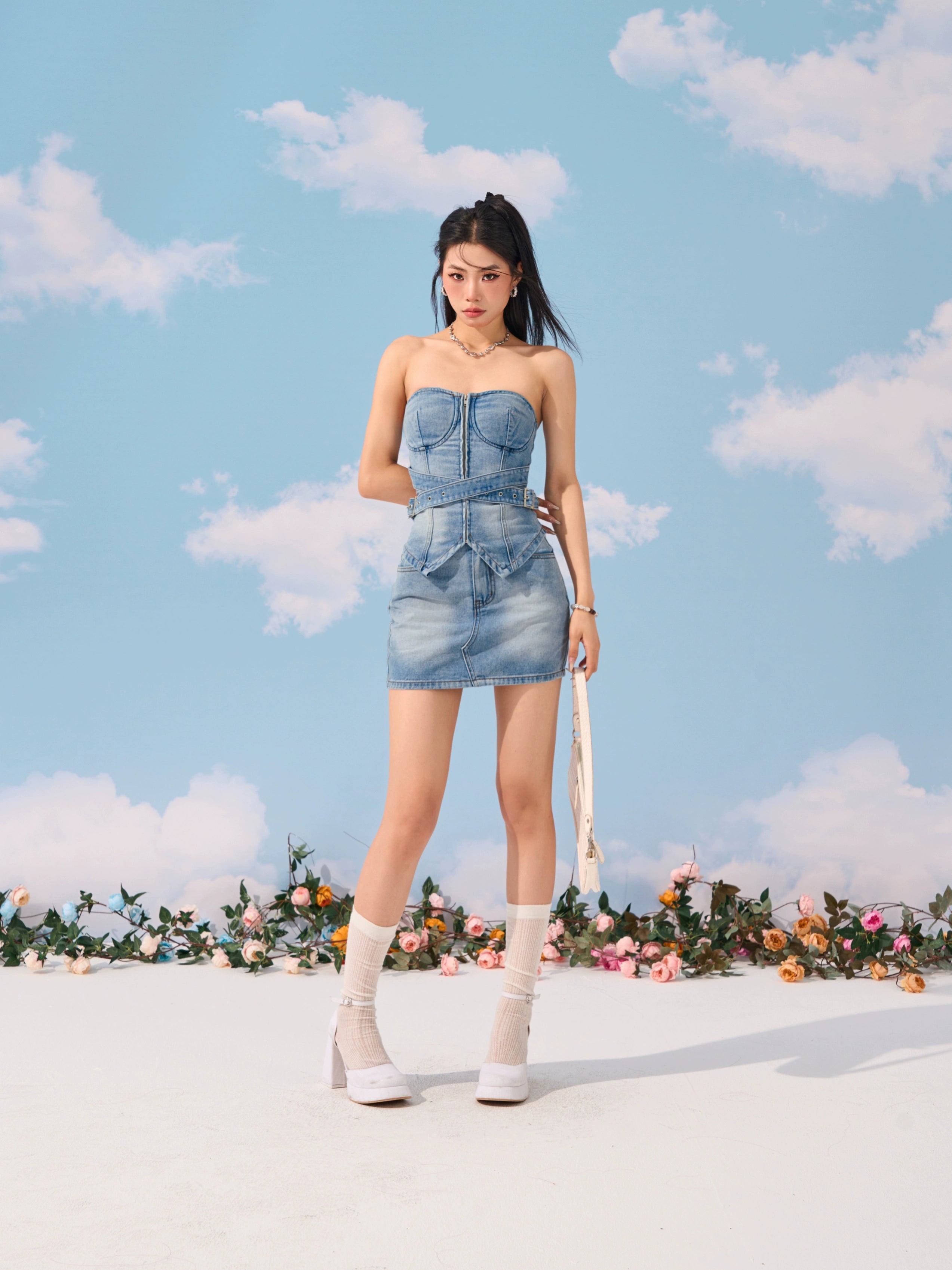 野生zerocircle 牛仔抹胸套装女夏abg辣妹高腰显瘦包臀半身短裙子