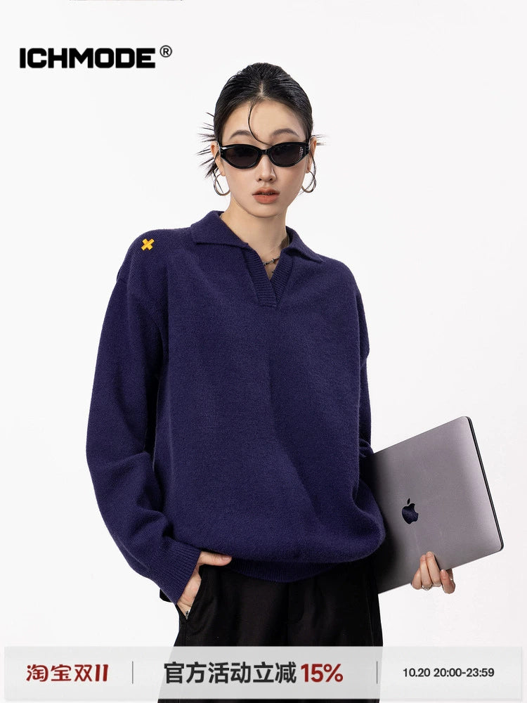 ICH MODE 美式V领套头毛衣外套女秋冬季新款休闲慵懒毛针织衫上衣