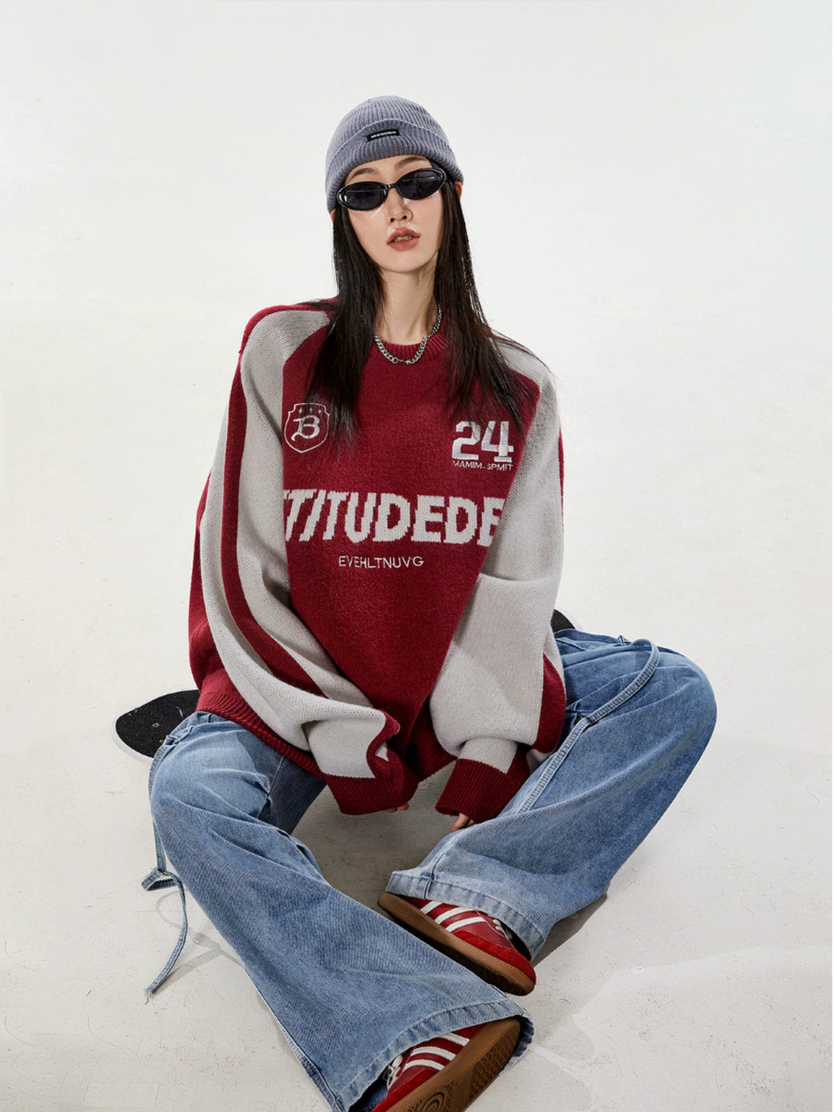 ICH MODE 美式复古撞色红色毛衣秋冬女宽松慵懒风针织衫外套新款