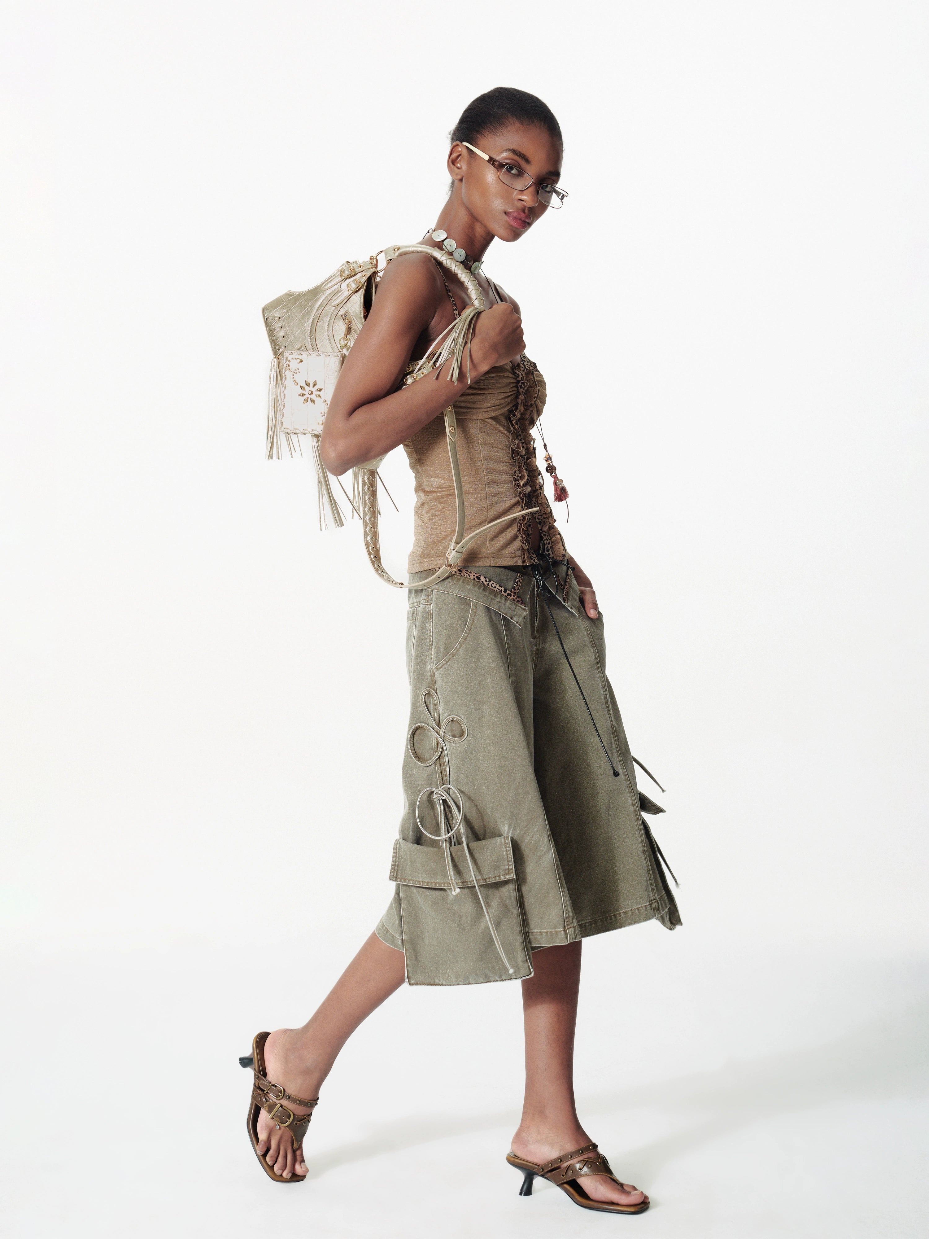 2th Desire复古解构洗水双腰头绑带豹纹撞色条工装感宽松中裤女