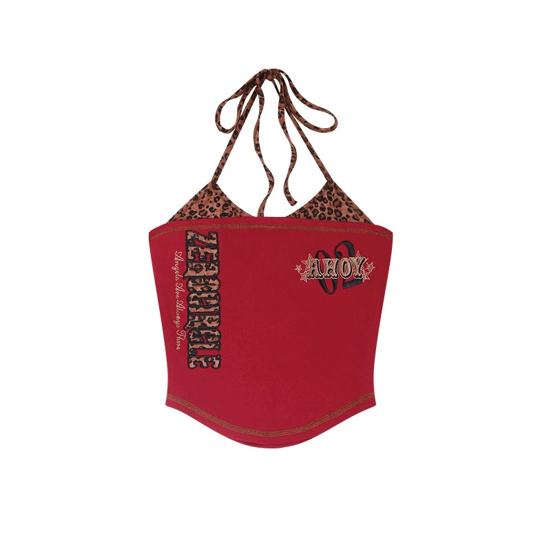 野生zero红色假两件挂脖吊带抹胸女夏辣妹设计感修身拼接短款上衣