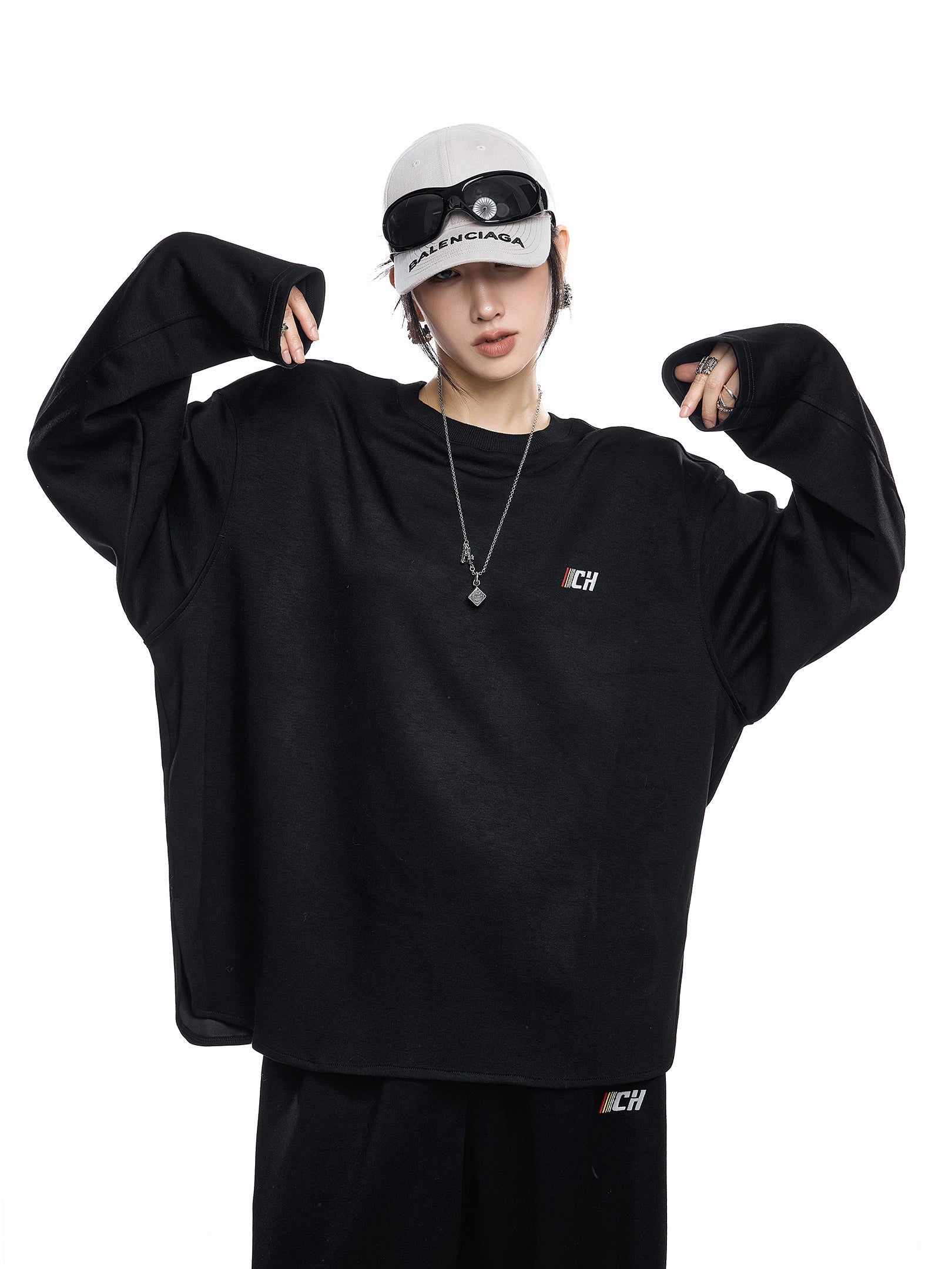 ICH MODE 美式刺绣灰色圆领卫衣女2025新款秋冬复古宽松套头上衣