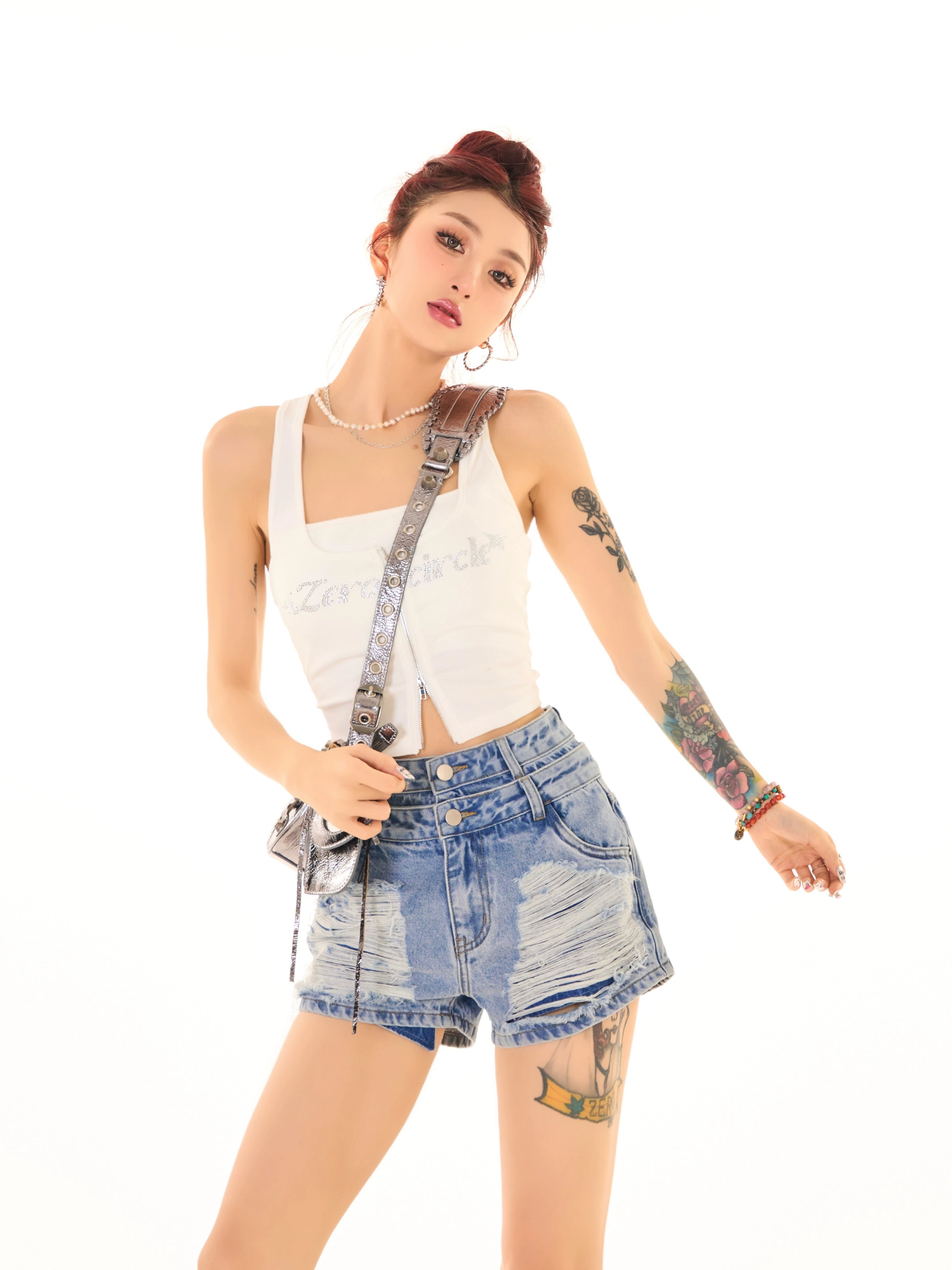 野生zerocircle破洞高腰牛仔短裤女夏设计感小众辣妹显瘦休闲裤子