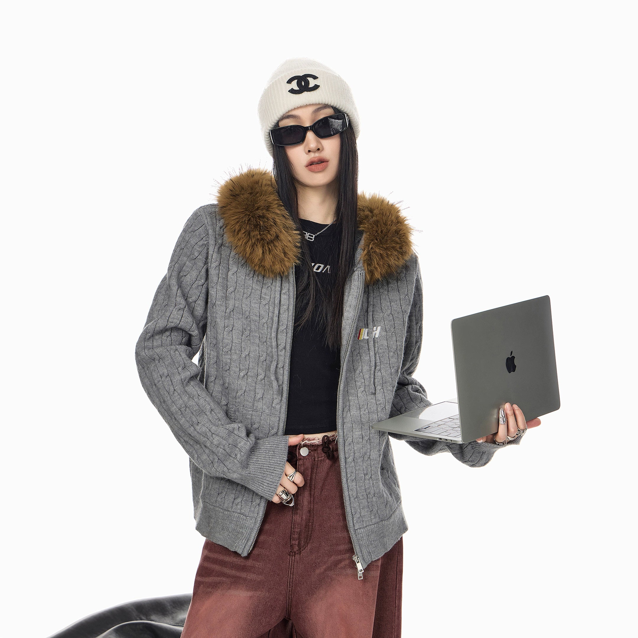 ICH MODE 美式复古刺绣毛领连帽针织开衫女秋冬休闲慵懒毛衣外套