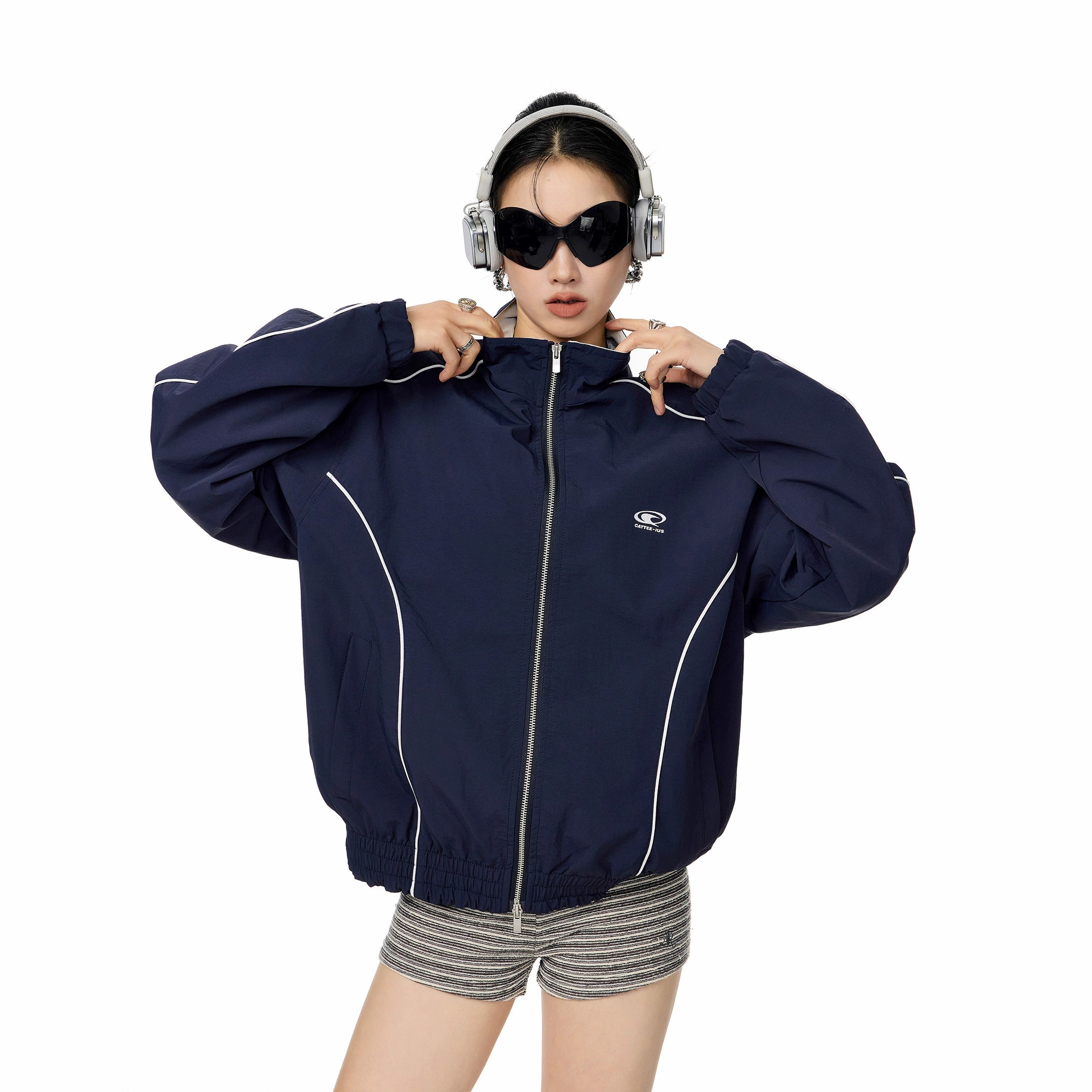 ICH MODE 美式复古撞色条纹外套女秋冬新款运动宽松休闲夹克上衣