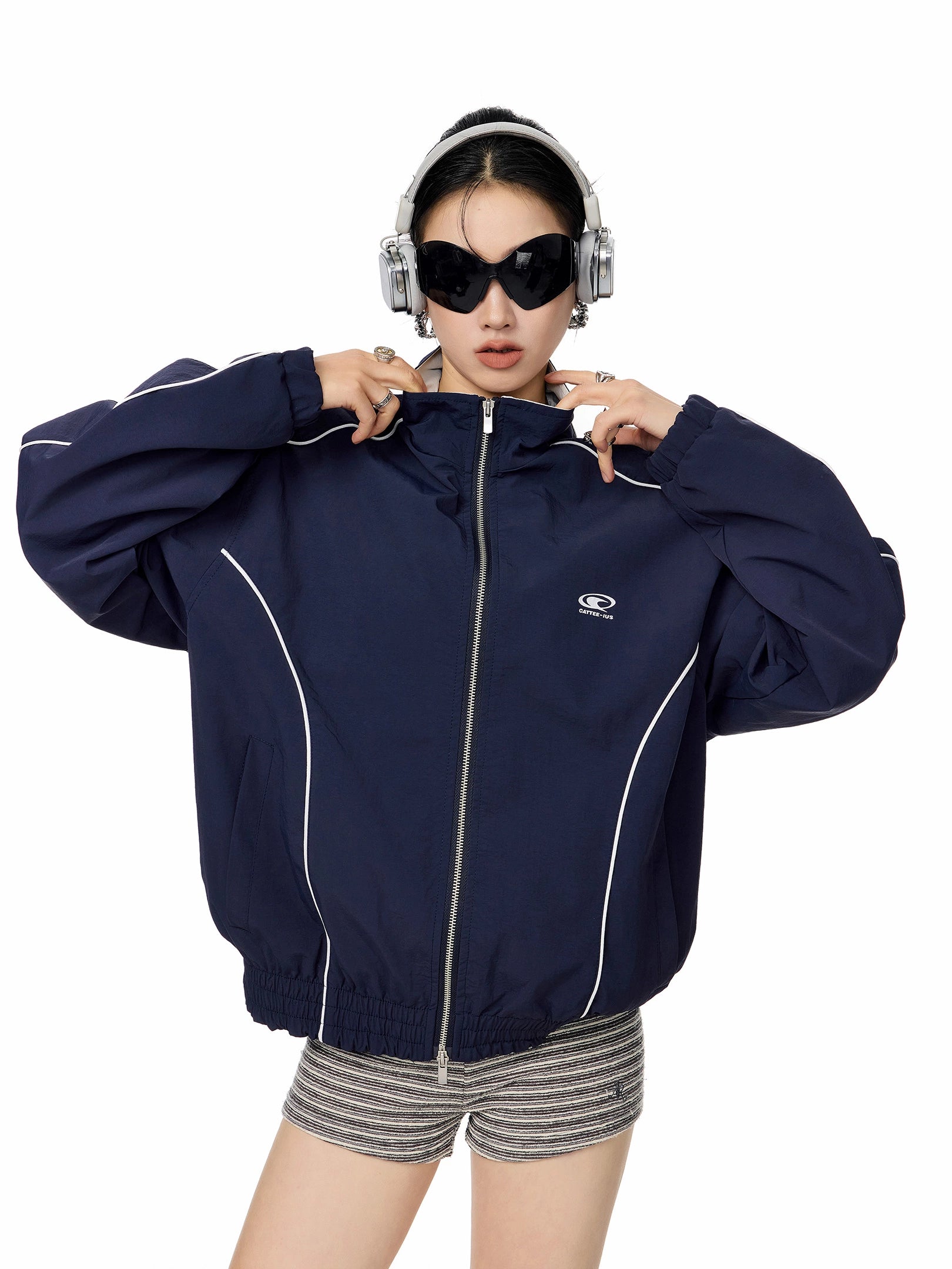 ICH MODE 美式复古撞色条纹外套女秋冬新款运动宽松休闲夹克上衣