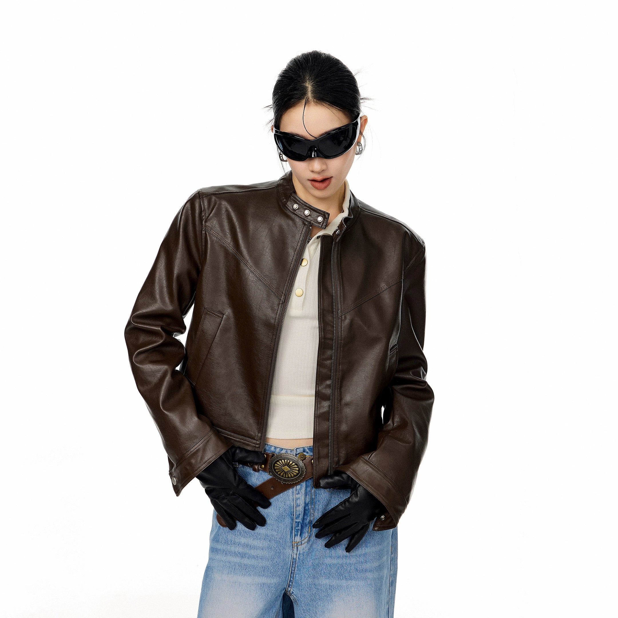 ICH MODE 美式复古棕色立领皮衣外套女秋冬新款机车皮夹克短上衣