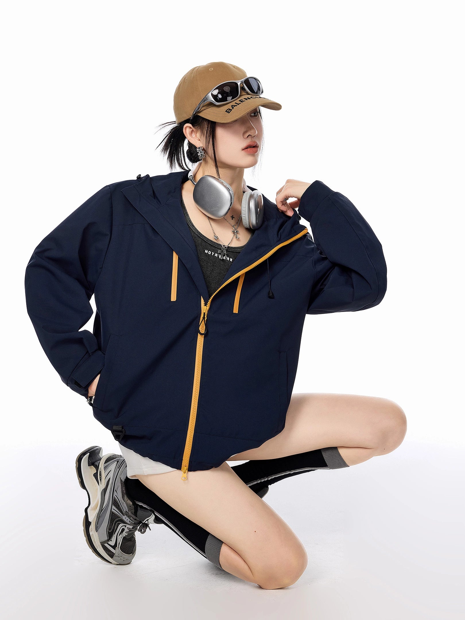 ICH MODE 美式复古撞色工装连帽外套女秋冬户外运动夹克长袖上衣