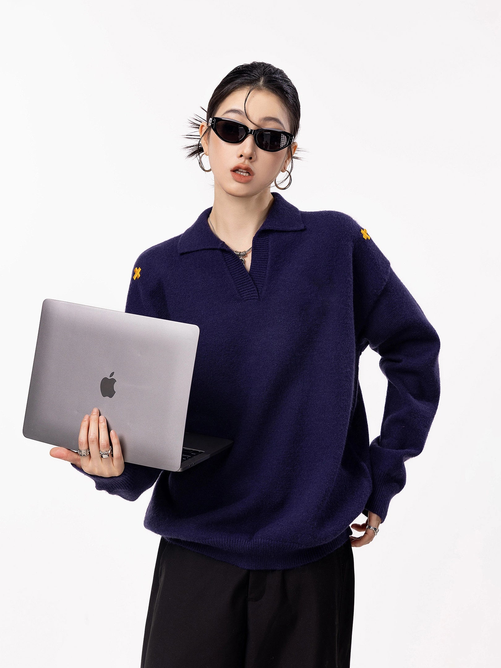 ICH MODE 美式V领套头毛衣外套女秋冬季新款休闲慵懒毛针织衫上衣