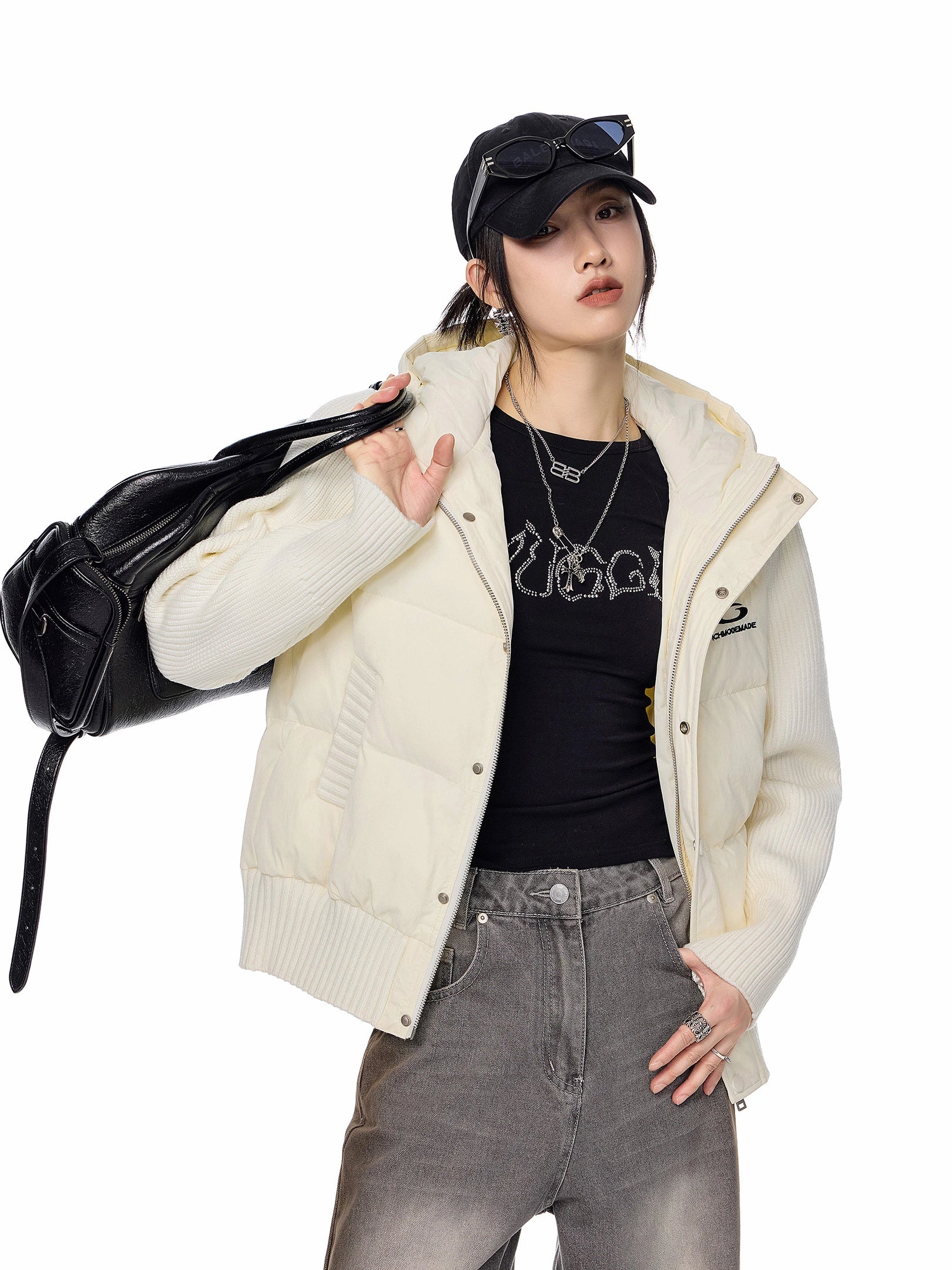 ICH MODE 美式复古假两件短款棉服外套女秋冬季修身连帽棉衣上衣