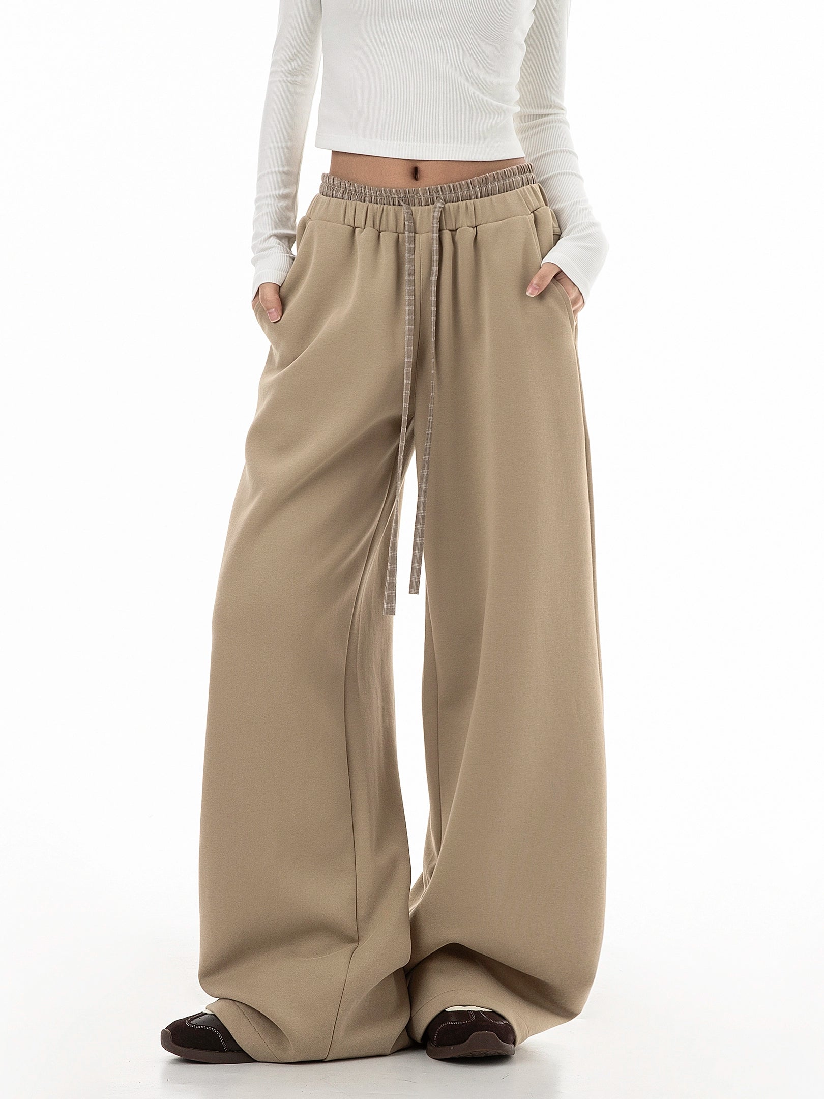 ICH MODE 美式复古格子拼接休闲裤女宽松直筒运动裤百搭阔腿卫裤