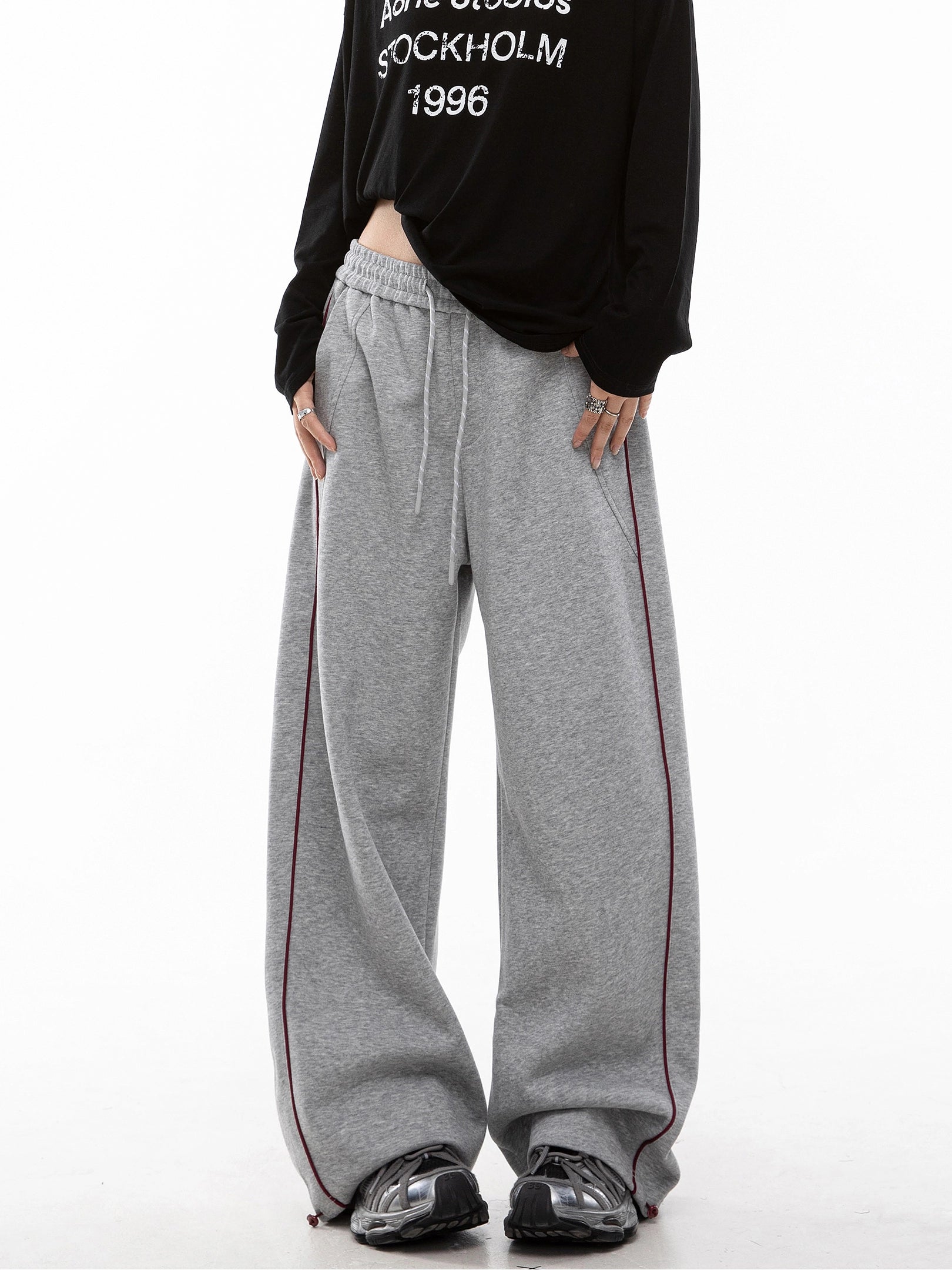 ICH MODE 美式复古条纹休闲裤女直筒宽松阔腿裤运动裤百搭卫裤