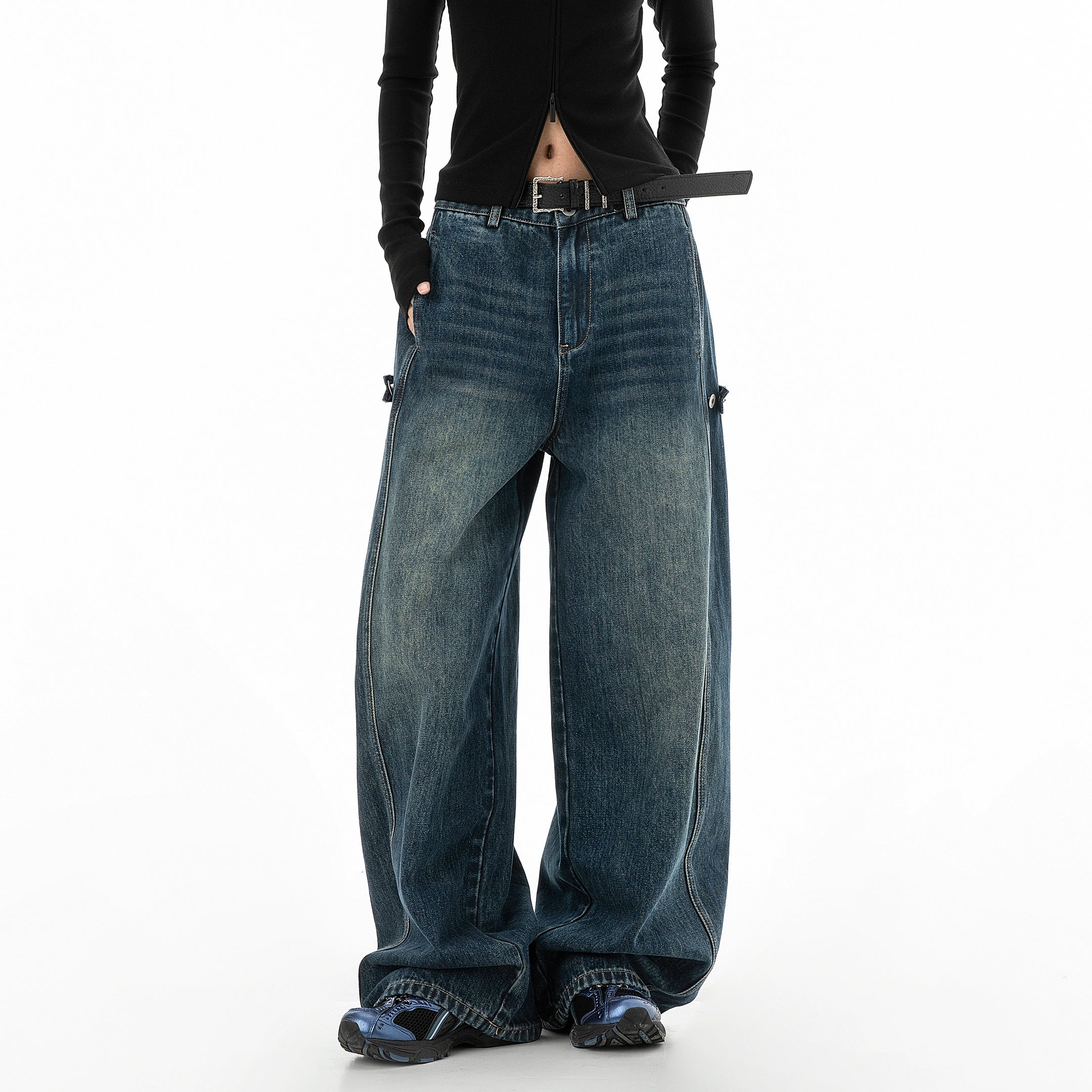 ICH MODE 美式复古水洗牛仔裤女秋冬新款宽松阔腿裤休闲裤直筒裤