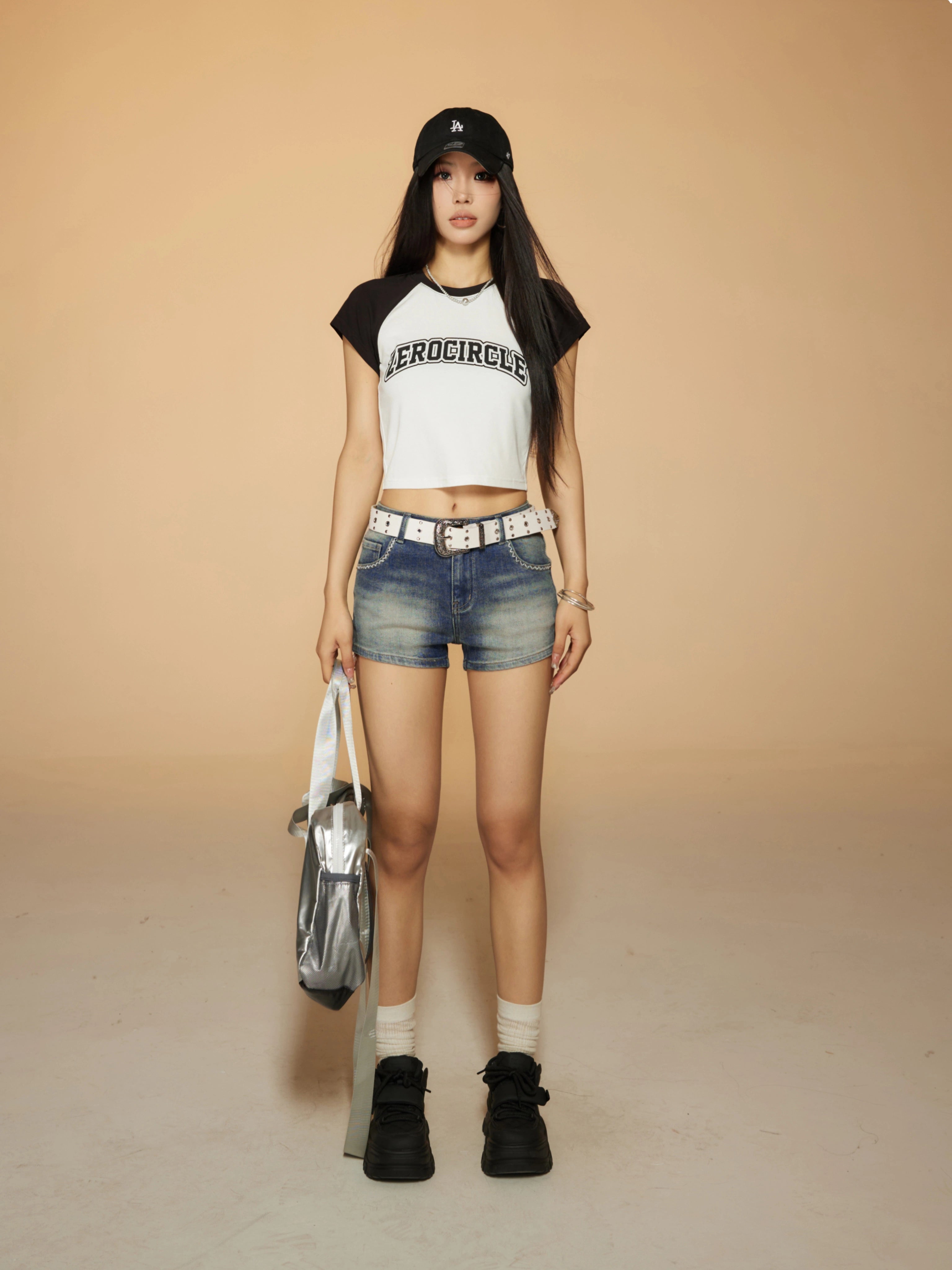 野生zerocircle 撞色插肩短袖t恤女春夏辣妹韩系宽松显瘦短款上衣