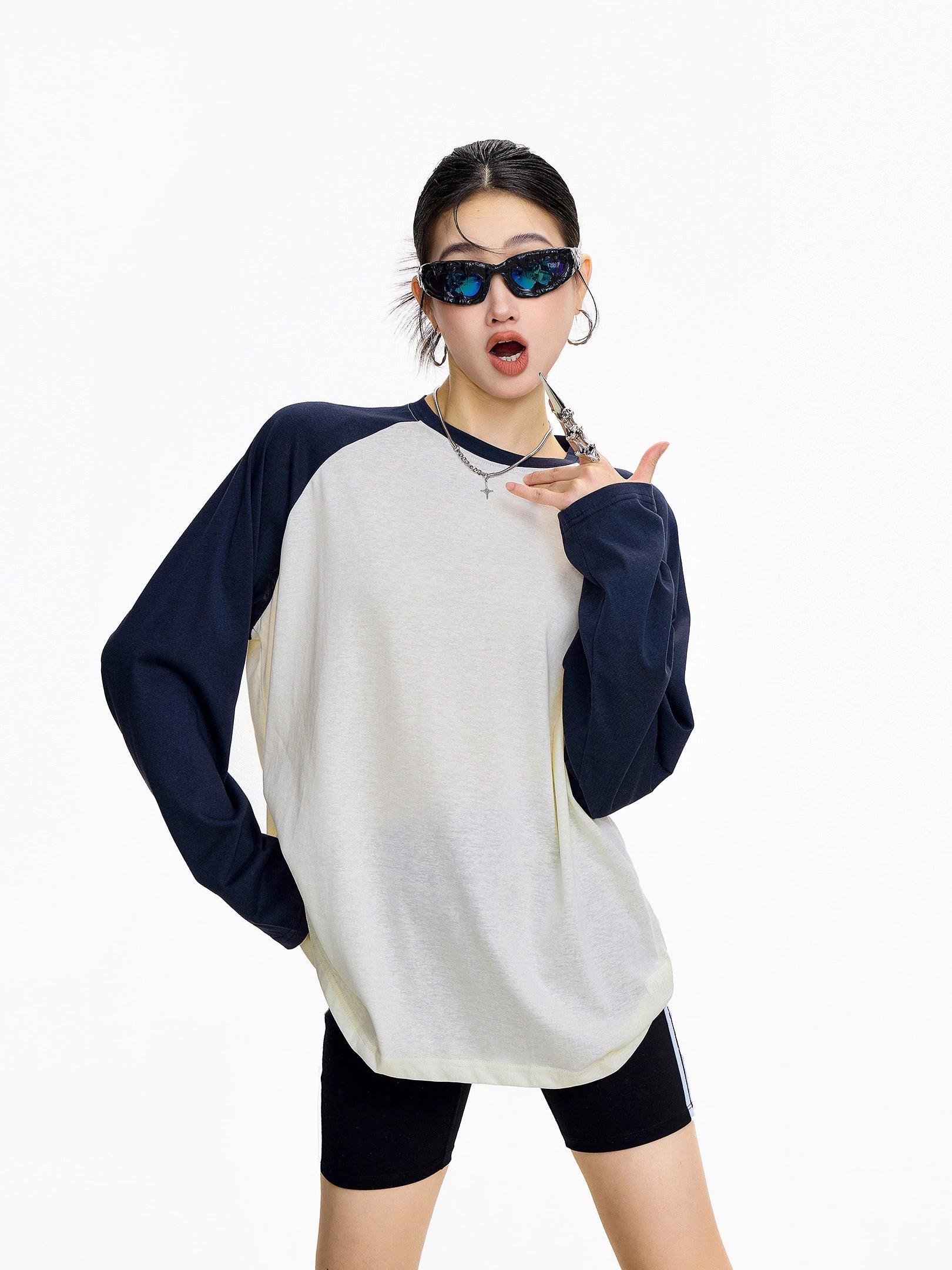 ICH MODE 美式复古插肩袖长袖T恤女夏季新款宽松拼接撞色圆领上衣