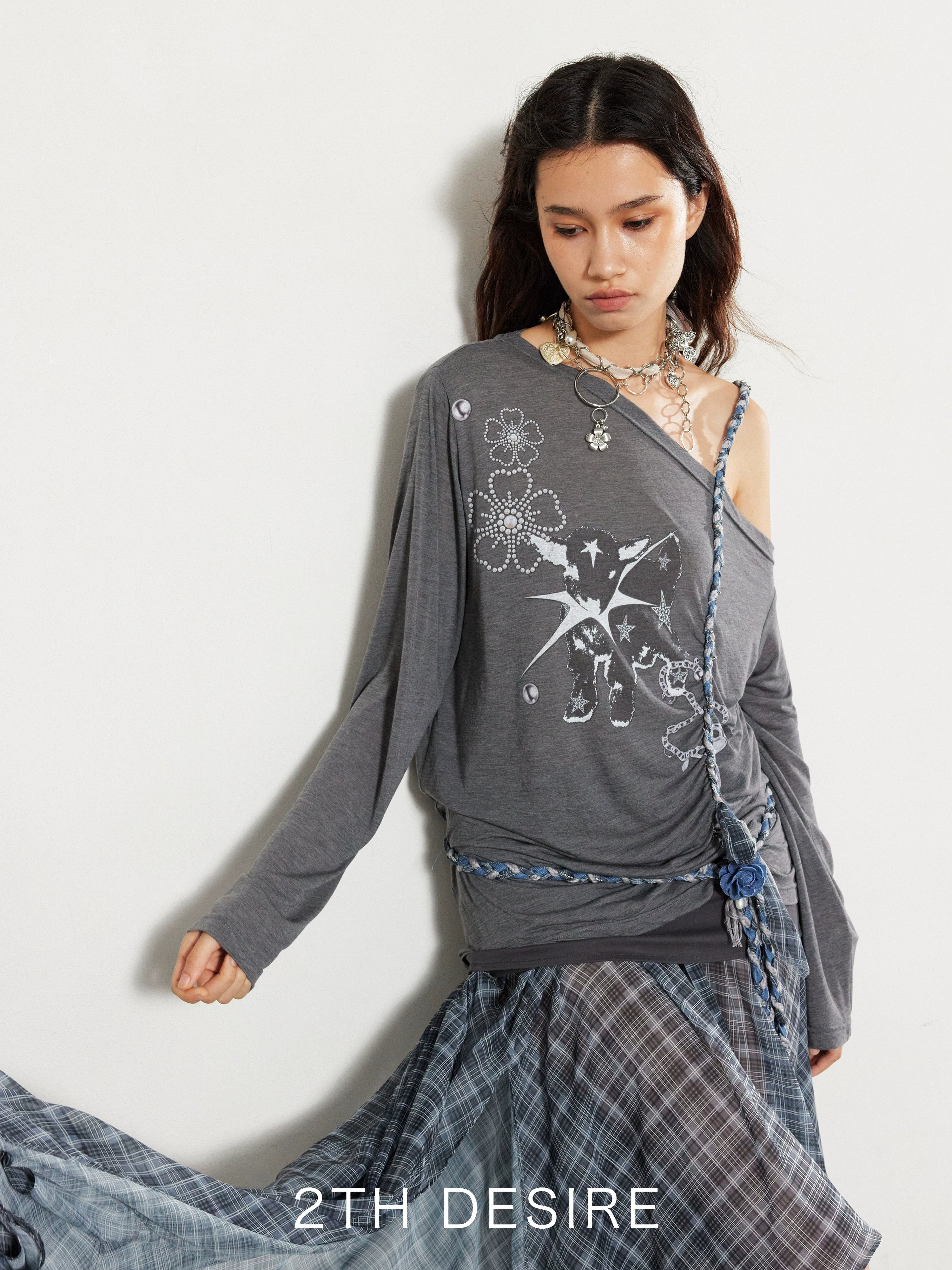 2th Desire重工银环拼接朋克金属十字架花朵腰链项链