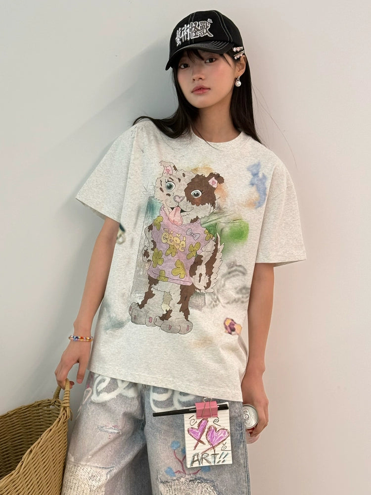 “陨石小狗”| eeee红陨石边牧涂鸦短袖宽松小众设计感手绘T恤夏