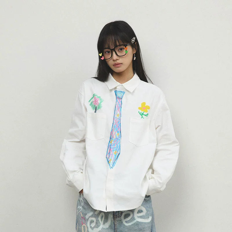 “追梦”| eeee创意设计感蜡笔手绘领带衬衫趣味学院风涂鸦衬衣春