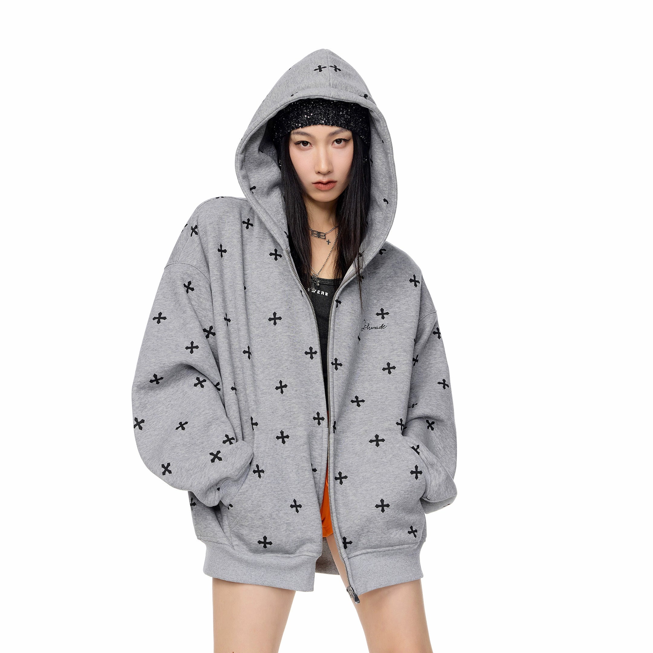 ICH MODE 美式哥特风十字架满印连帽卫衣外套女秋冬拉链开衫上衣