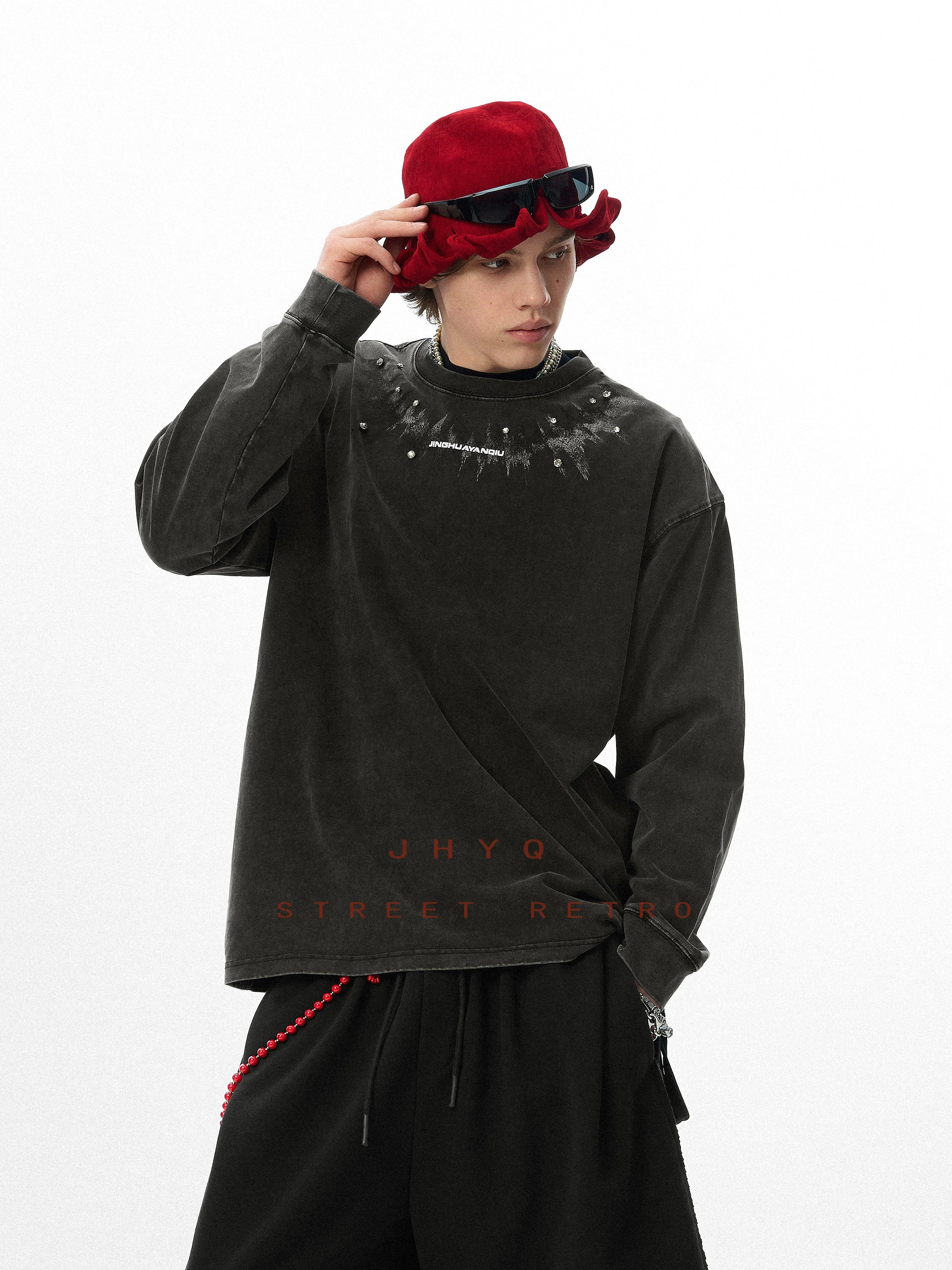 脉冲波丨JHYQ美式复古印花水洗重磅320g长袖T恤男宽松镶钻卫衣衫