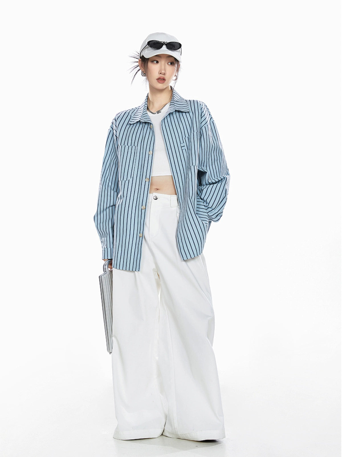 ICH MODE 美式复古条纹衬衫女夏季新款宽松慵懒蓝色衬衣外套上衣