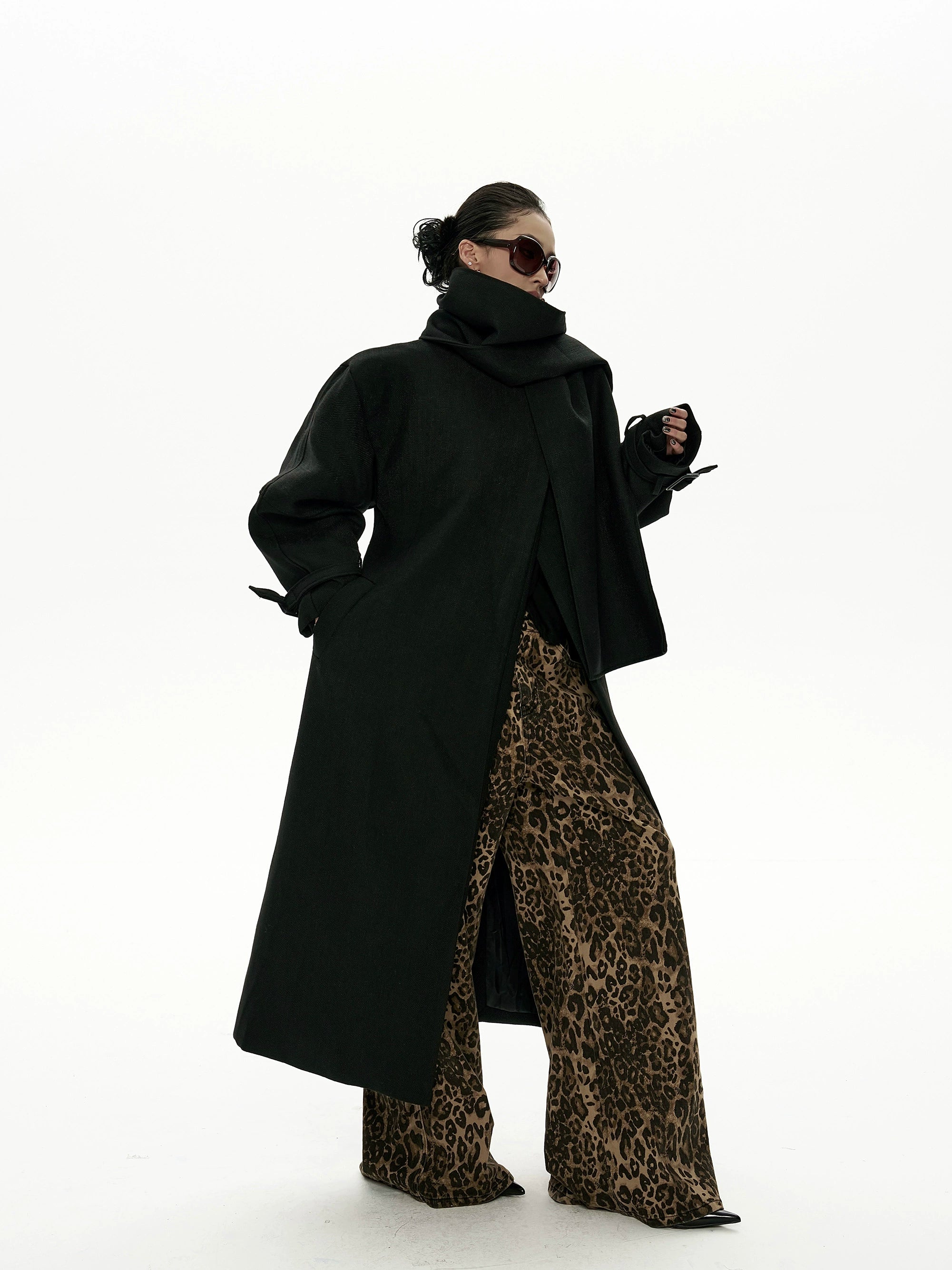 野生zero黑色长款廓形毛呢外套女秋冬2025新款高级感宽松风衣大衣