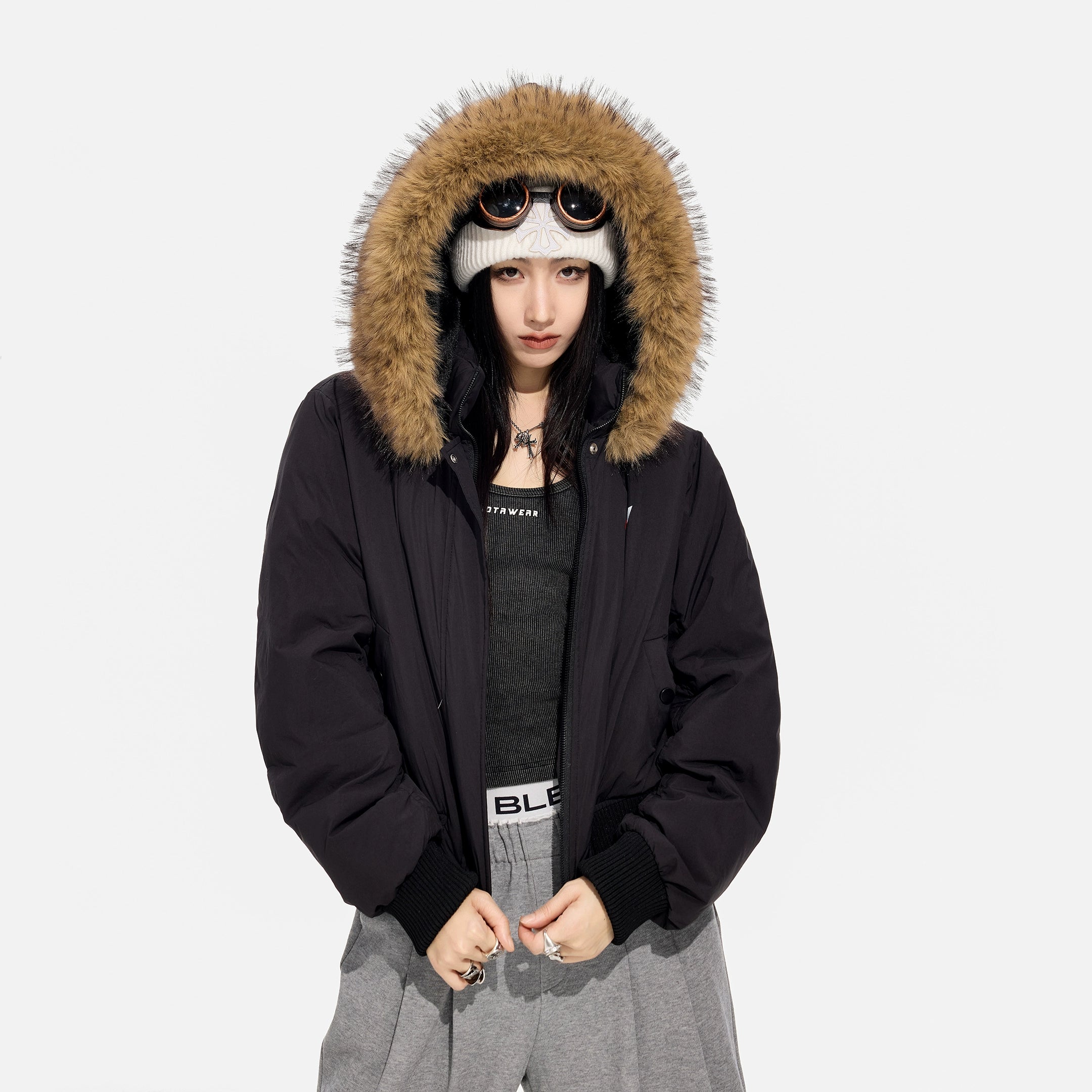 ICH MODE 美式复古毛领连帽立领棉服女秋冬季防寒棉衣修身短外套