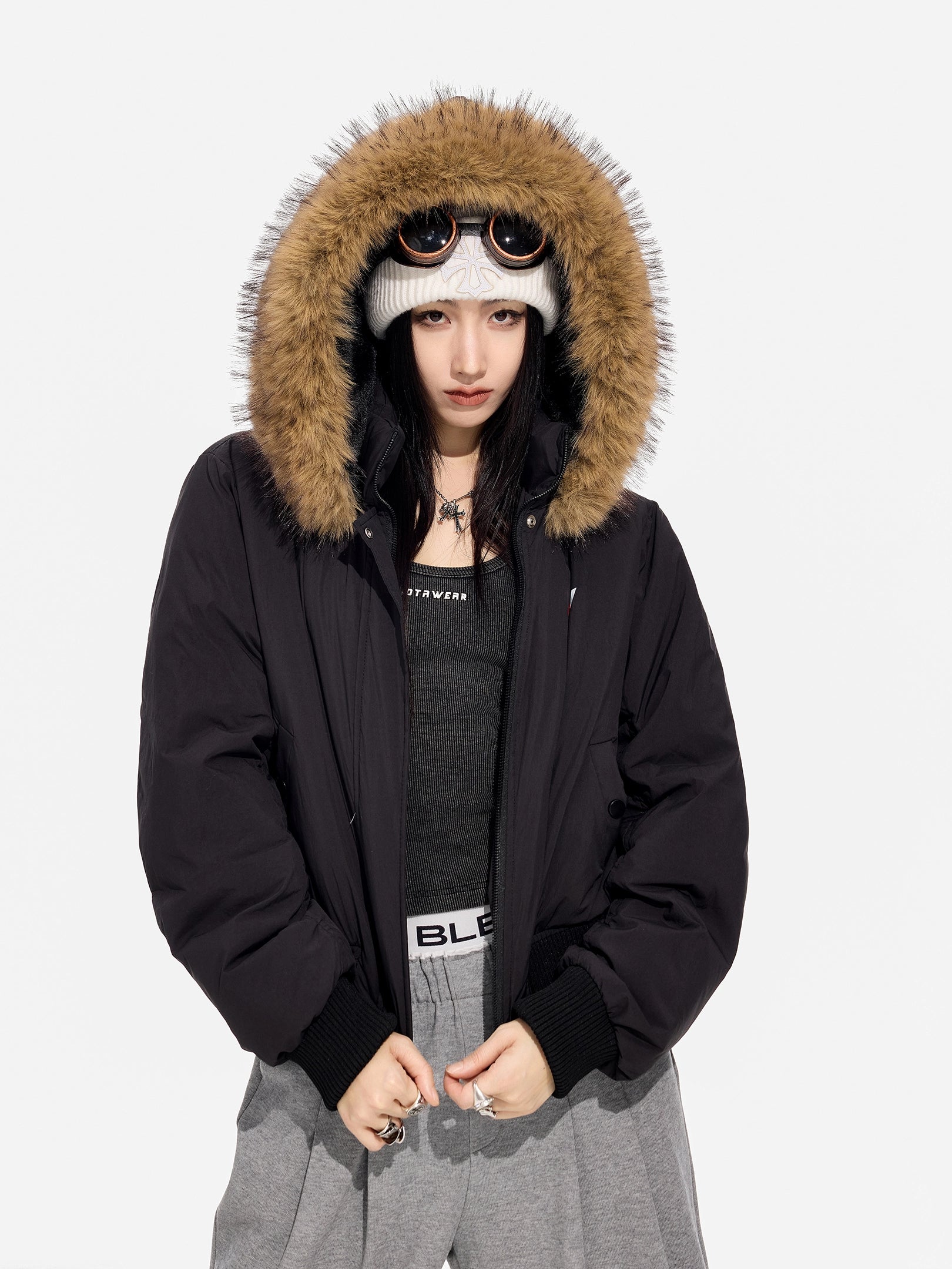 ICH MODE 美式复古毛领连帽立领棉服女秋冬季防寒棉衣修身短外套