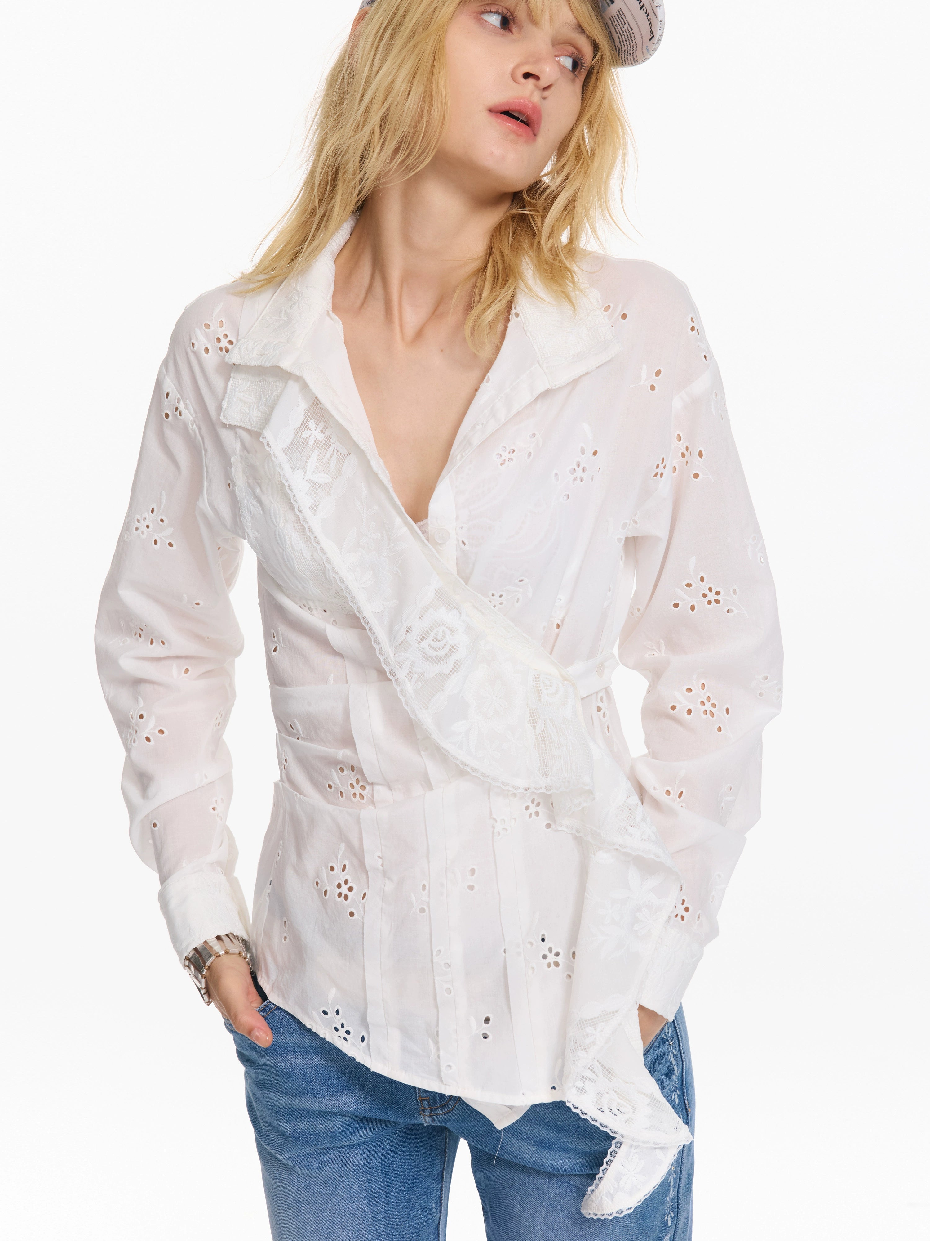 2th Desire 镂空绣花格纹不规则设计荷叶边宽松可收腰松弛感衬衫