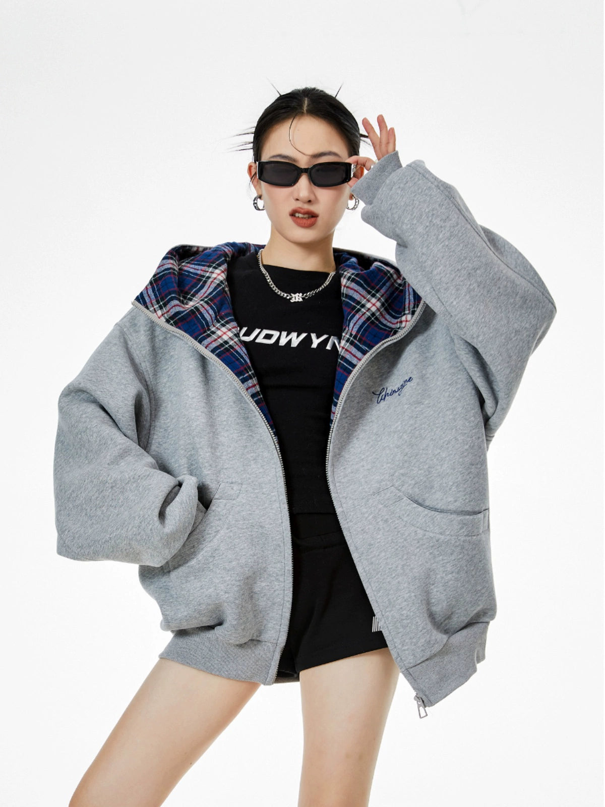 ICH MODE 明星同款 美式格子拼接卫衣外套女秋冬季运动开衫上衣
