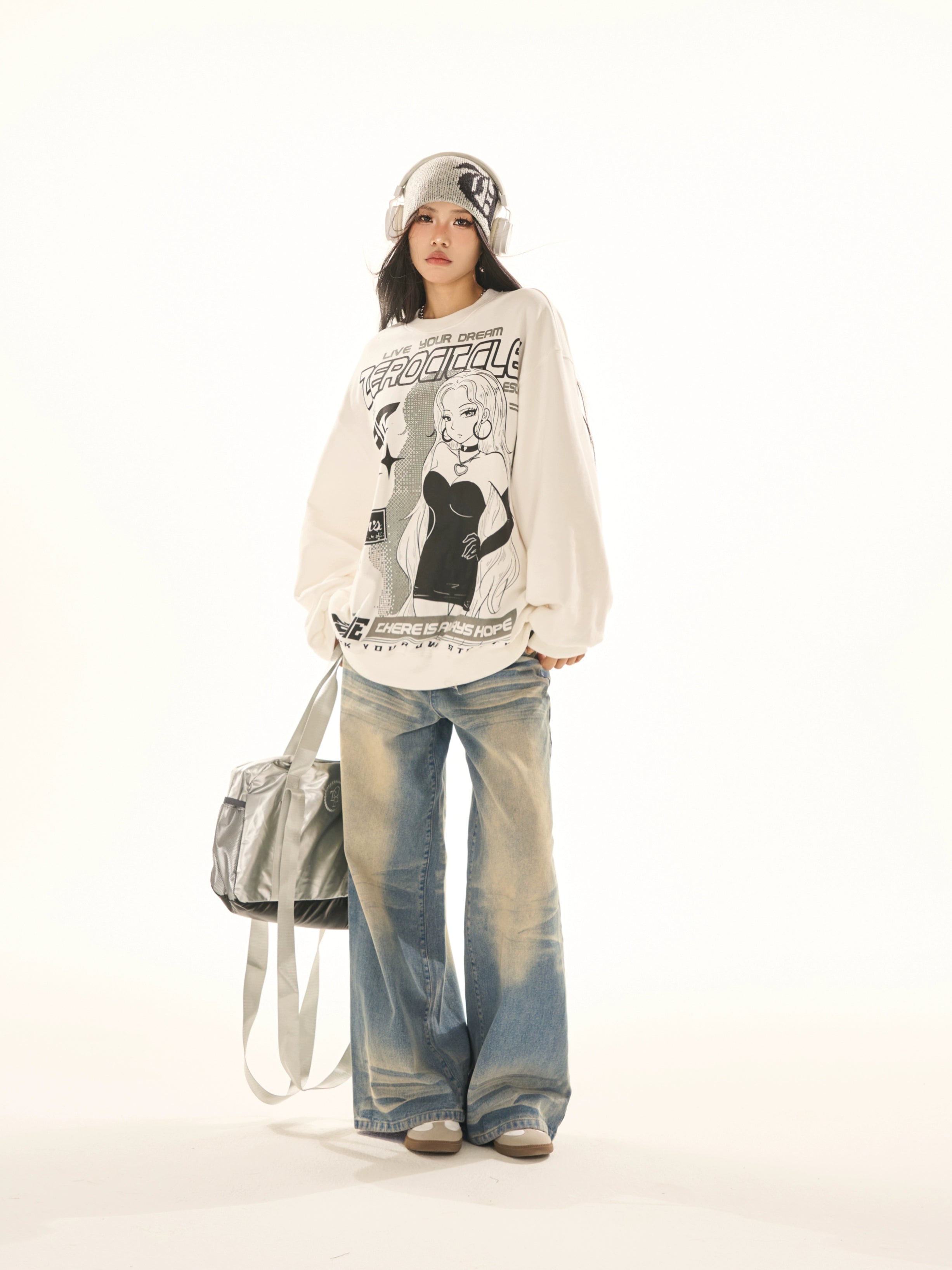 野生zerocircle白色慵懒风印花圆领卫衣女春小众韩版宽松显瘦上衣