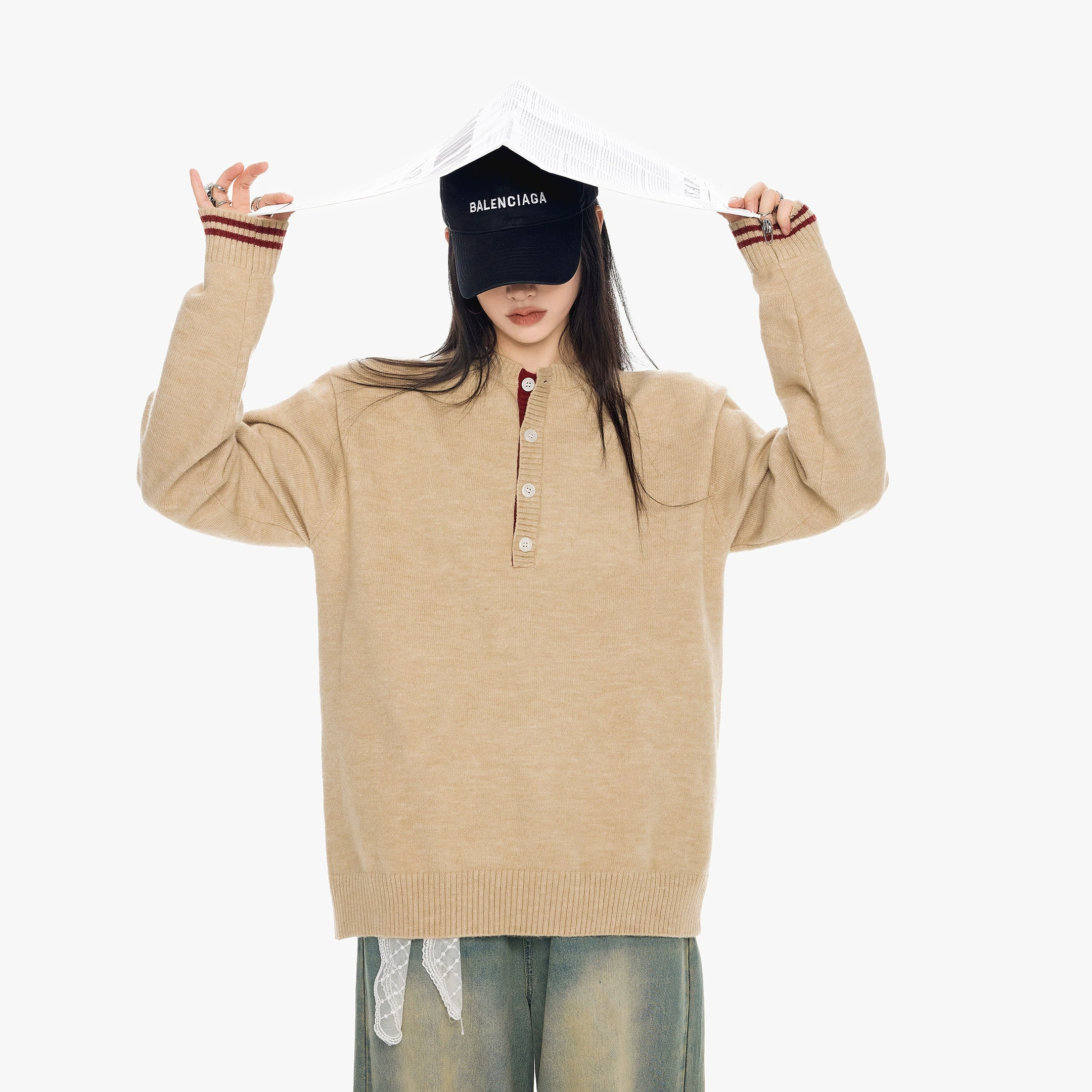 ICH MODE 美式复古亨利领毛衣女秋冬慵懒高级感毛针织衫长袖上衣