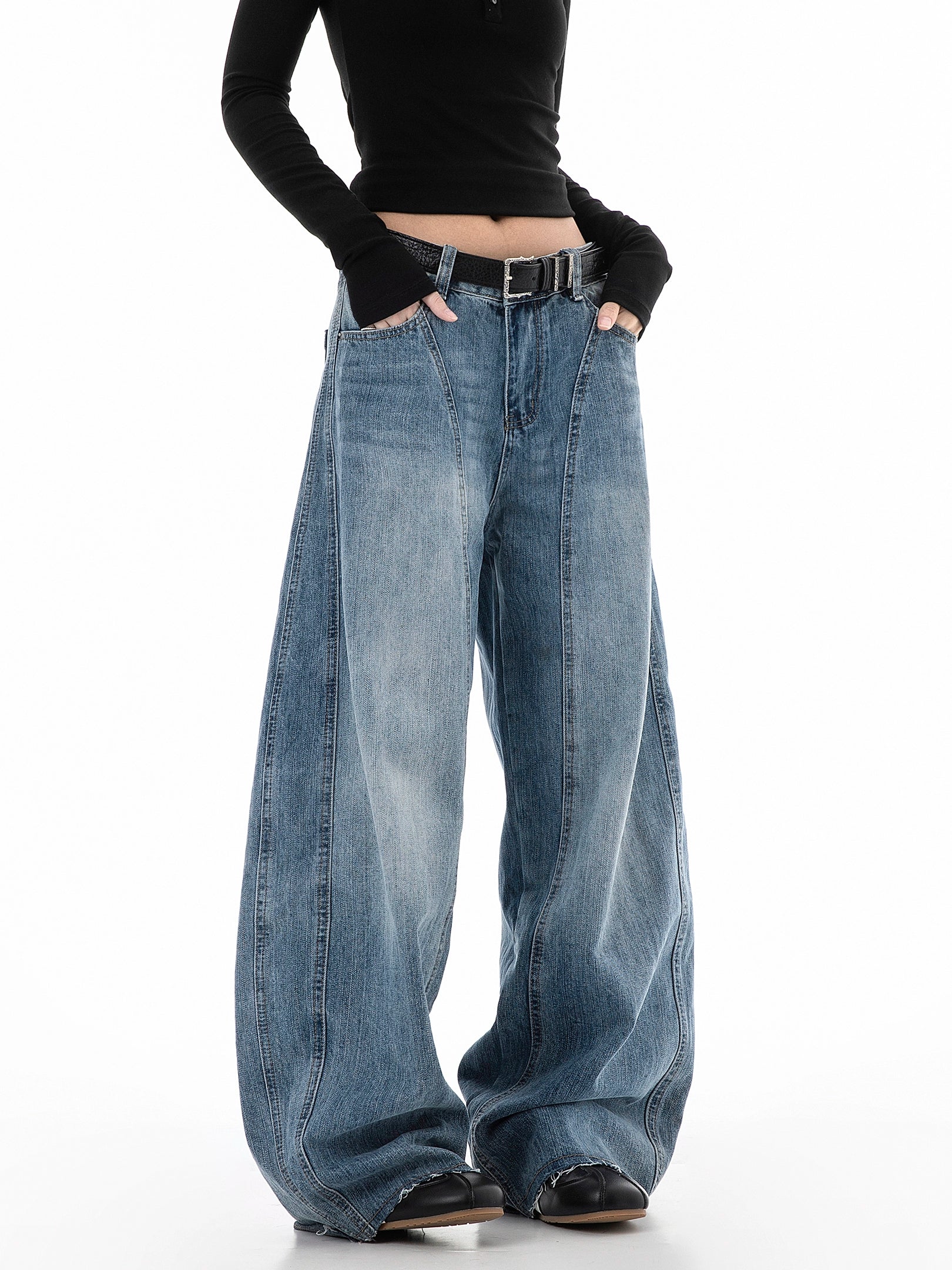 ICH MODE 美式复古水洗牛仔裤女秋冬宽松直筒裤弯刀裤休闲阔腿裤