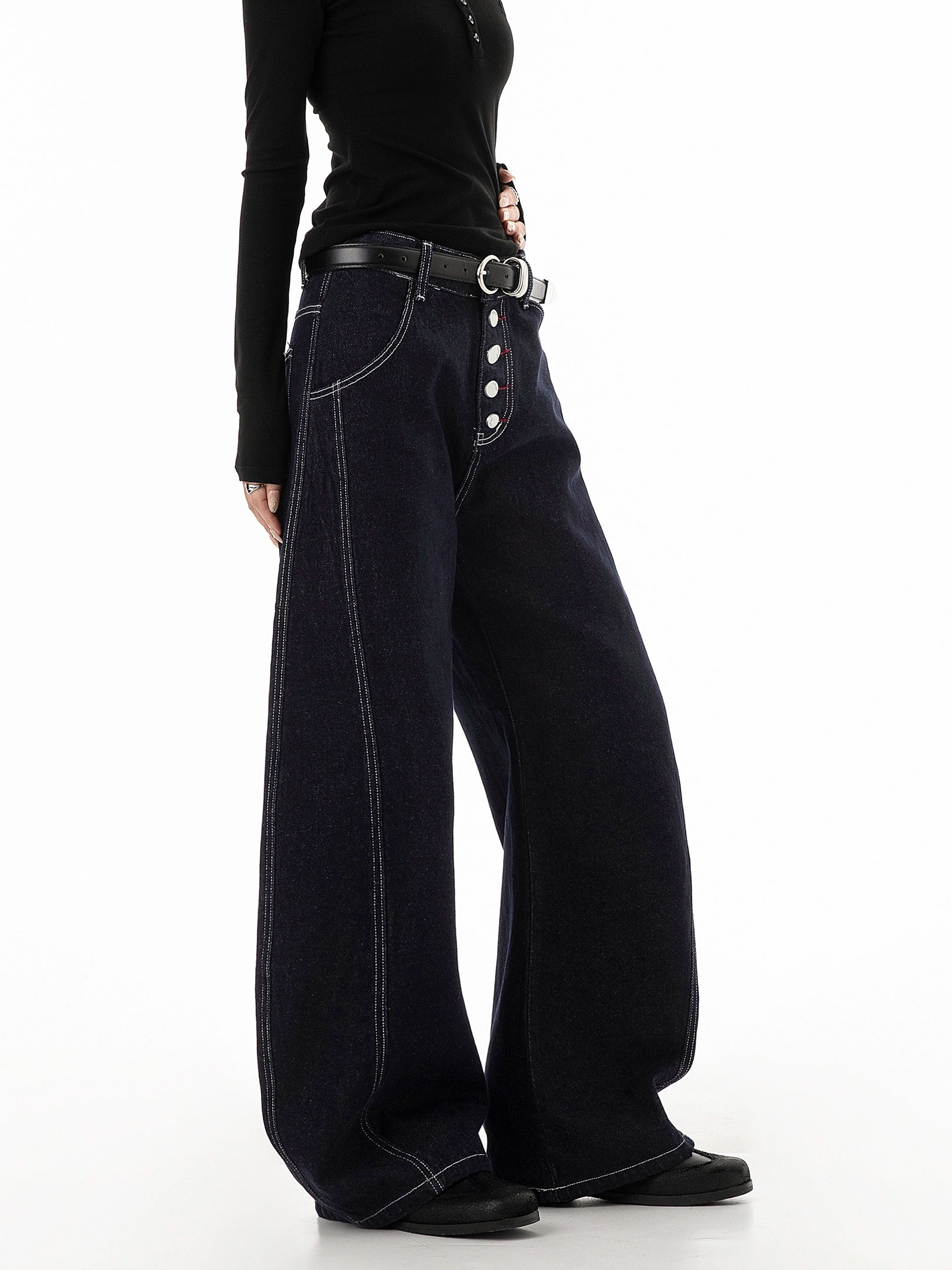 ICH MODE 美式复古弯刀牛仔裤女夏季廊形阔腿裤休闲裤宽松直筒裤