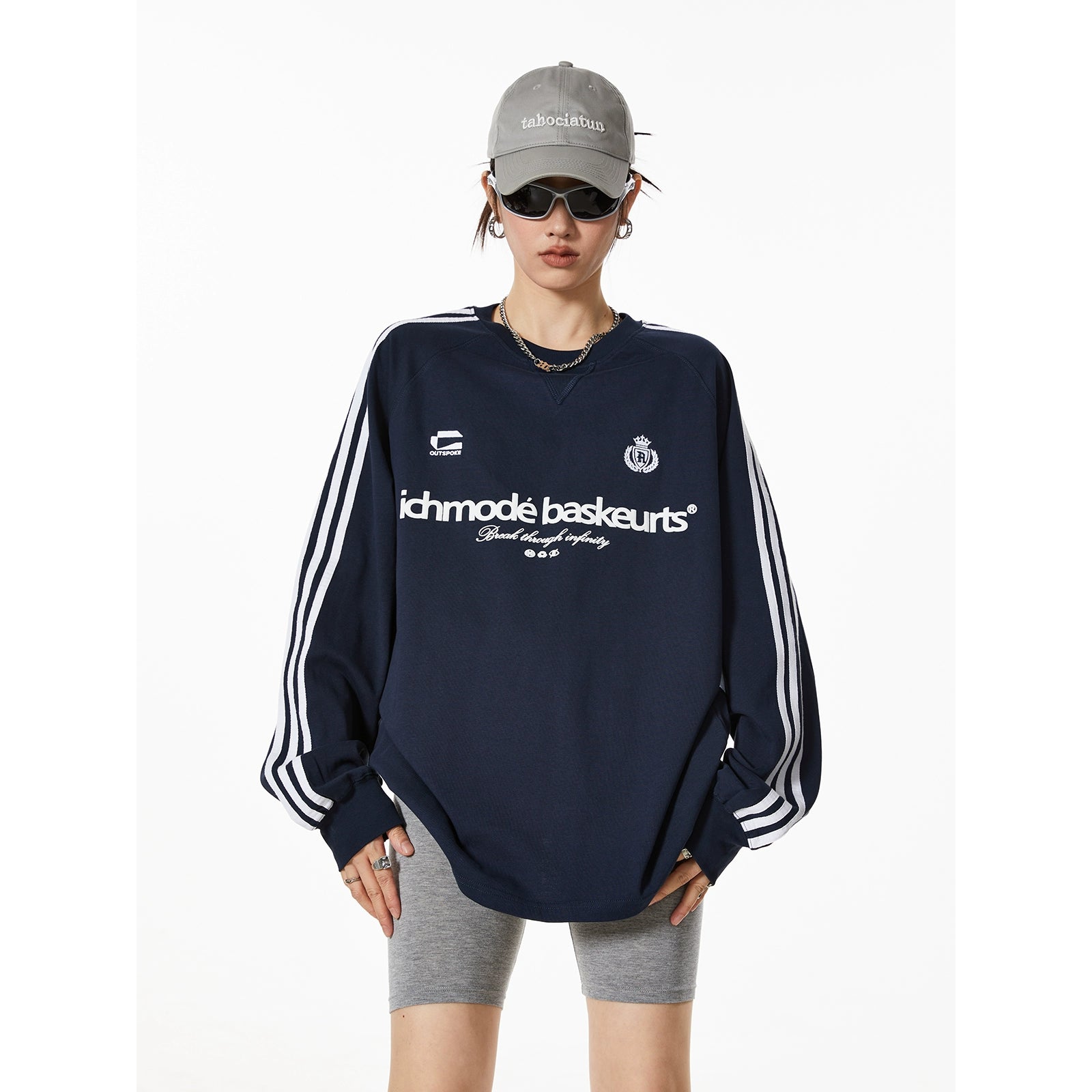 ICH MODE 270G美式复古条纹长袖T恤潮牌街头宽松休闲运动上衣女秋