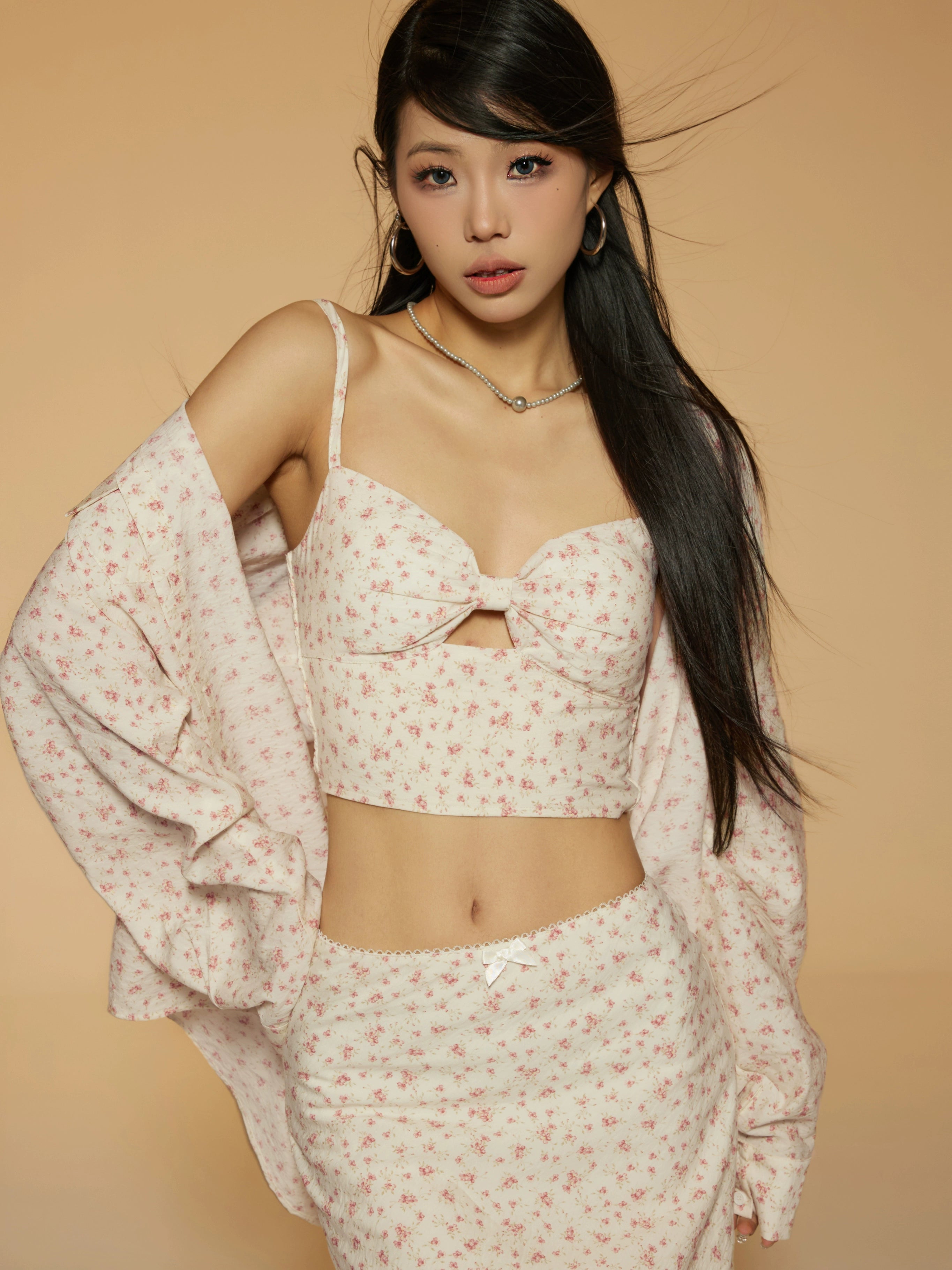 野生zerocircle 碎花衬衫三件套装裙女春夏吊带背心显瘦a字长裙子