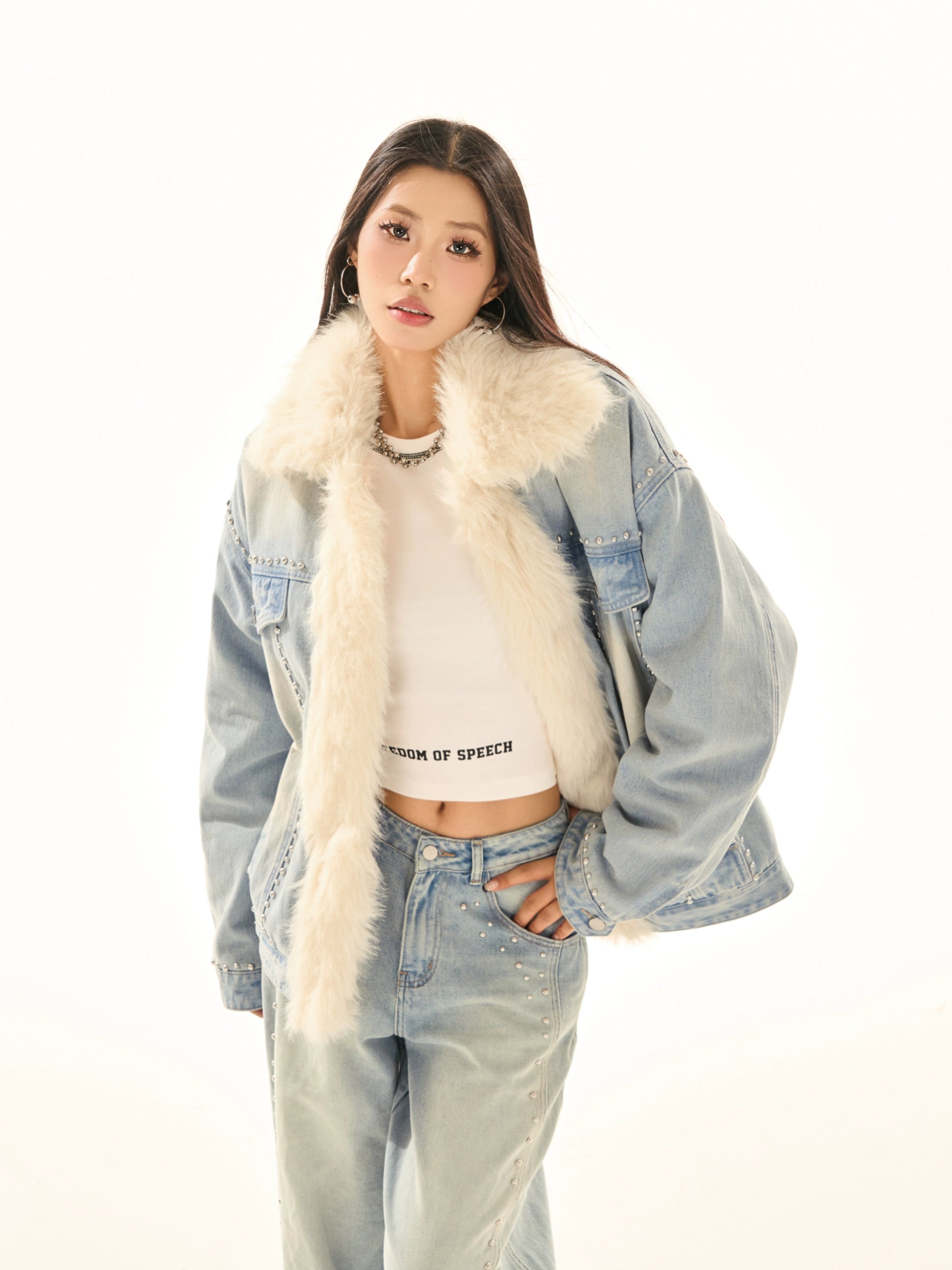 野生zerocircle毛领加厚牛仔外套女秋冬夹棉韩系慵懒风设计感显瘦